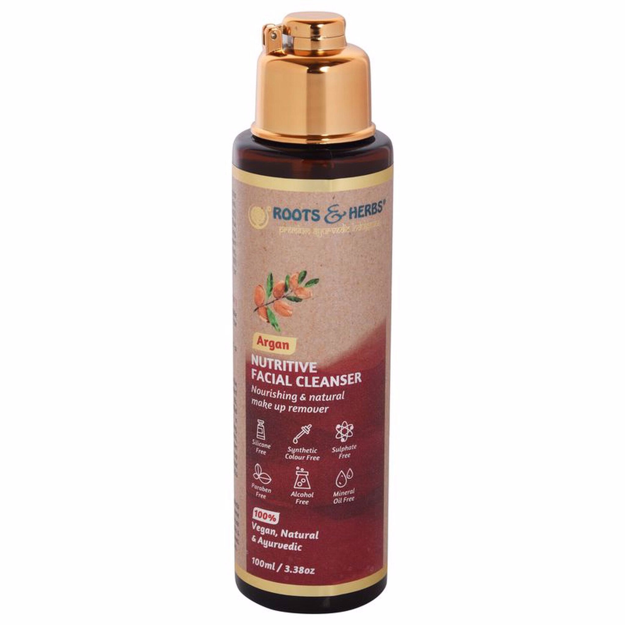 Facial cleanser bottle with gold cap and Roots & Herbs label, brown and maroon colors