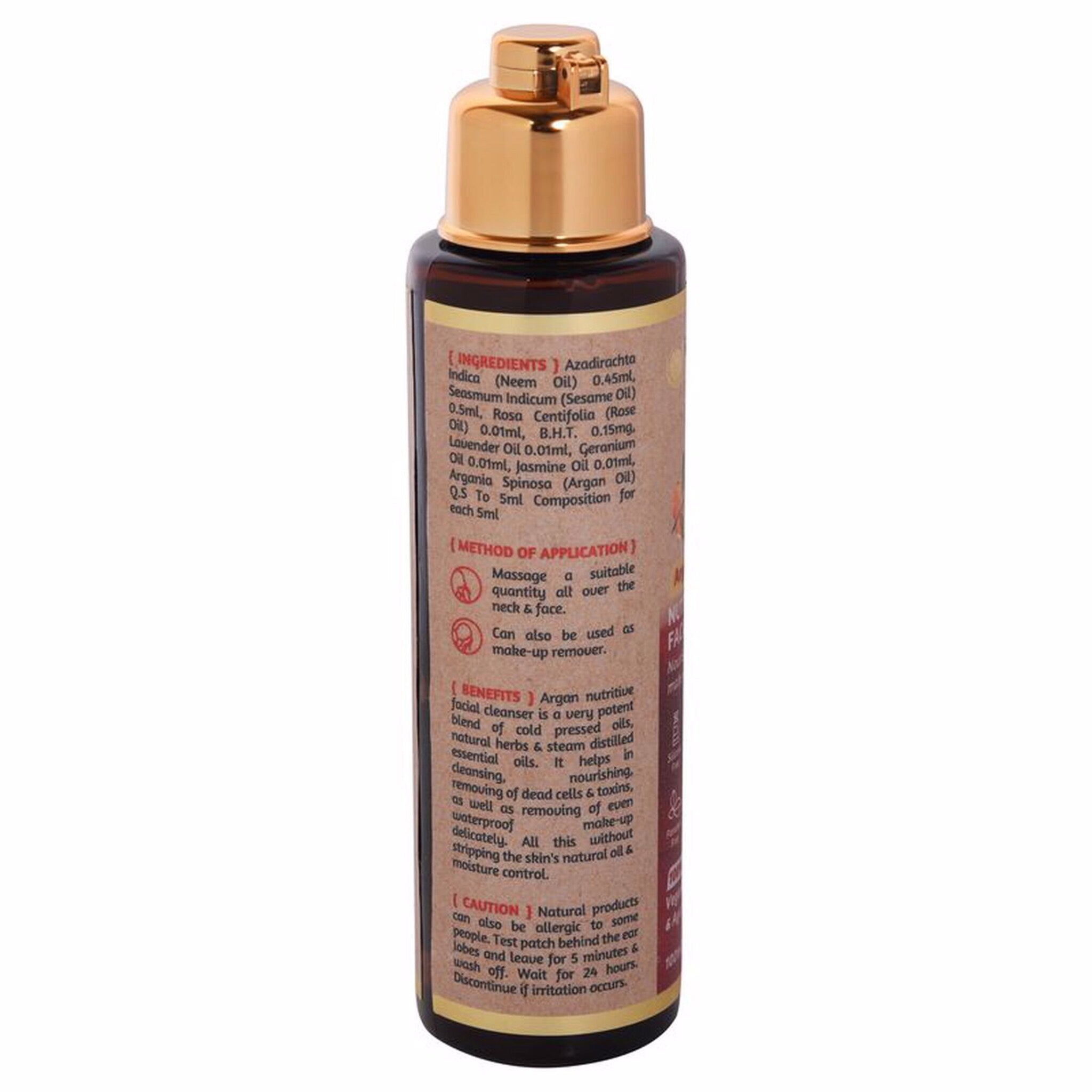 Facial cleanser bottle with gold cap, brown label, and text details