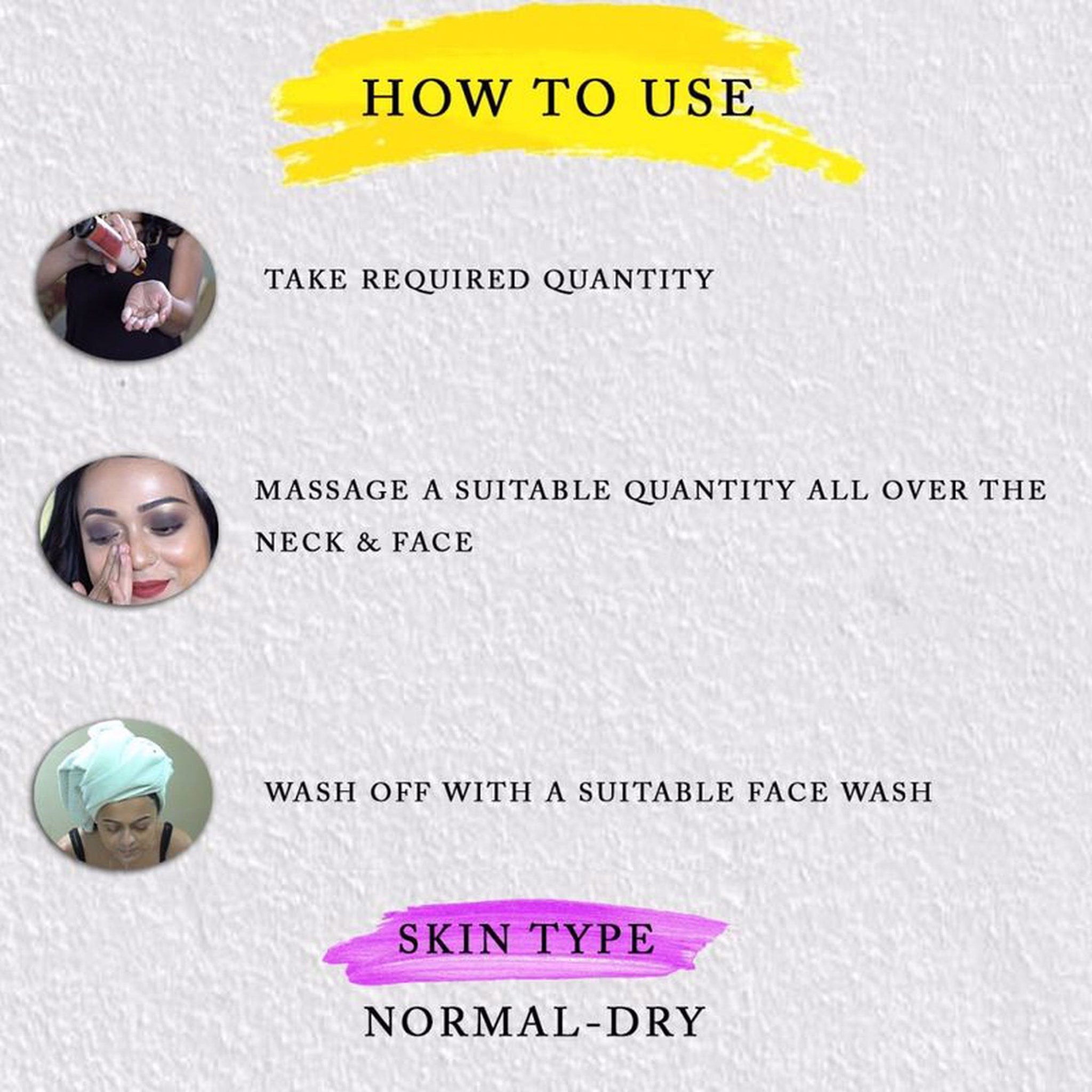 Instructions for use graphic with yellow and purple brushstrokes, text, and images of people applying product.