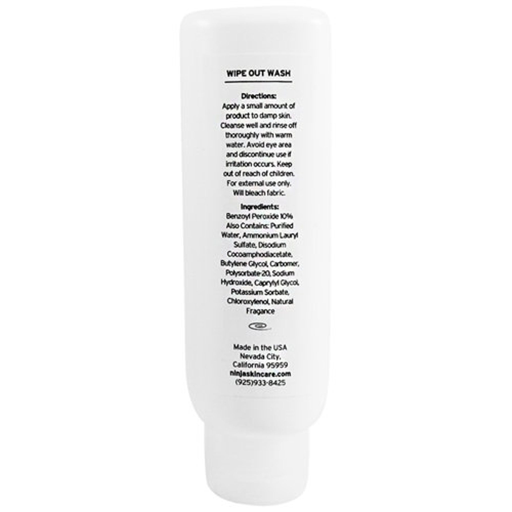 Side view of white squeeze tube with blue text, showcasing 10% benzoyl peroxide acne wash texture