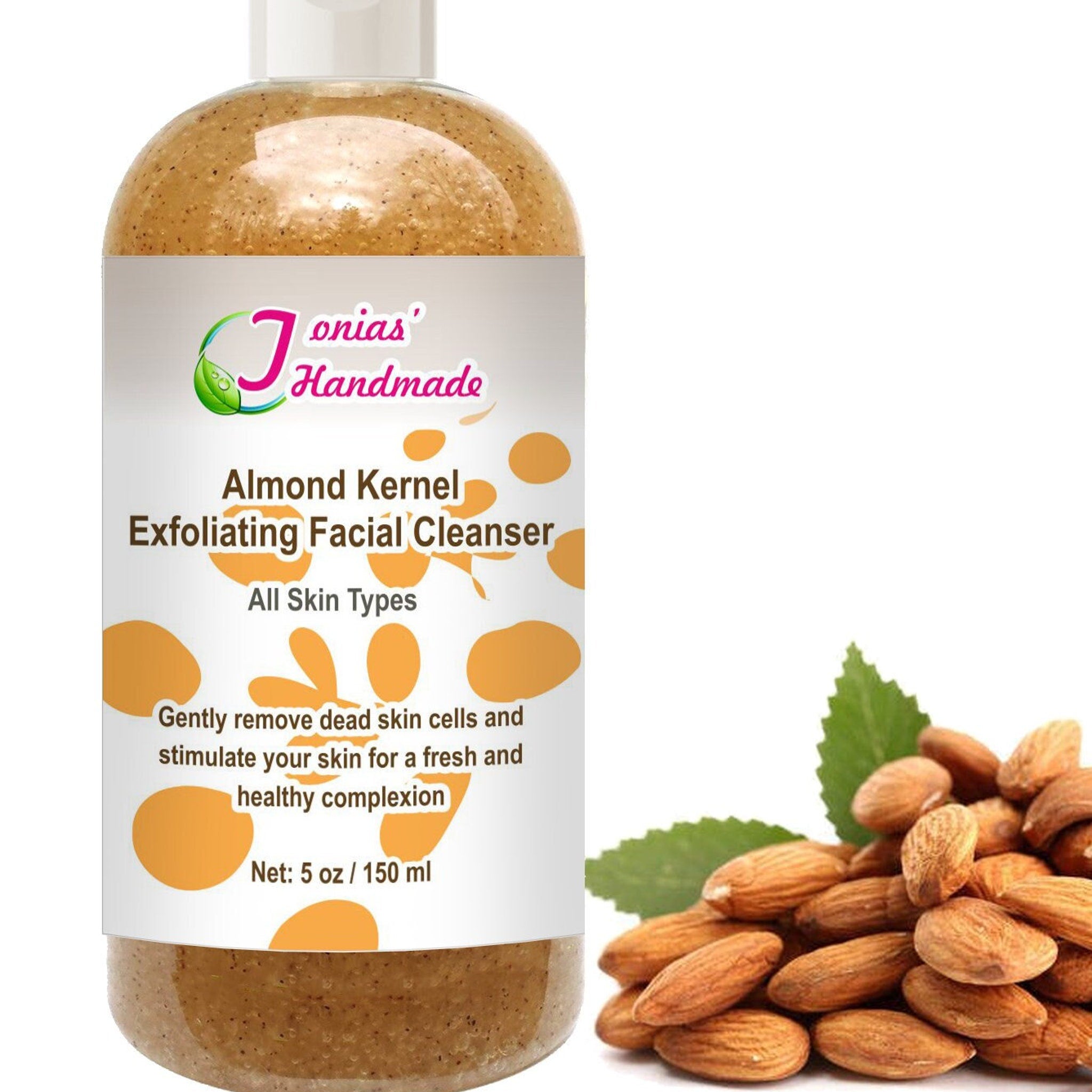 Facial Cleanser bottle with brown scrub, white label, and Tonias' Handmade text, with almonds