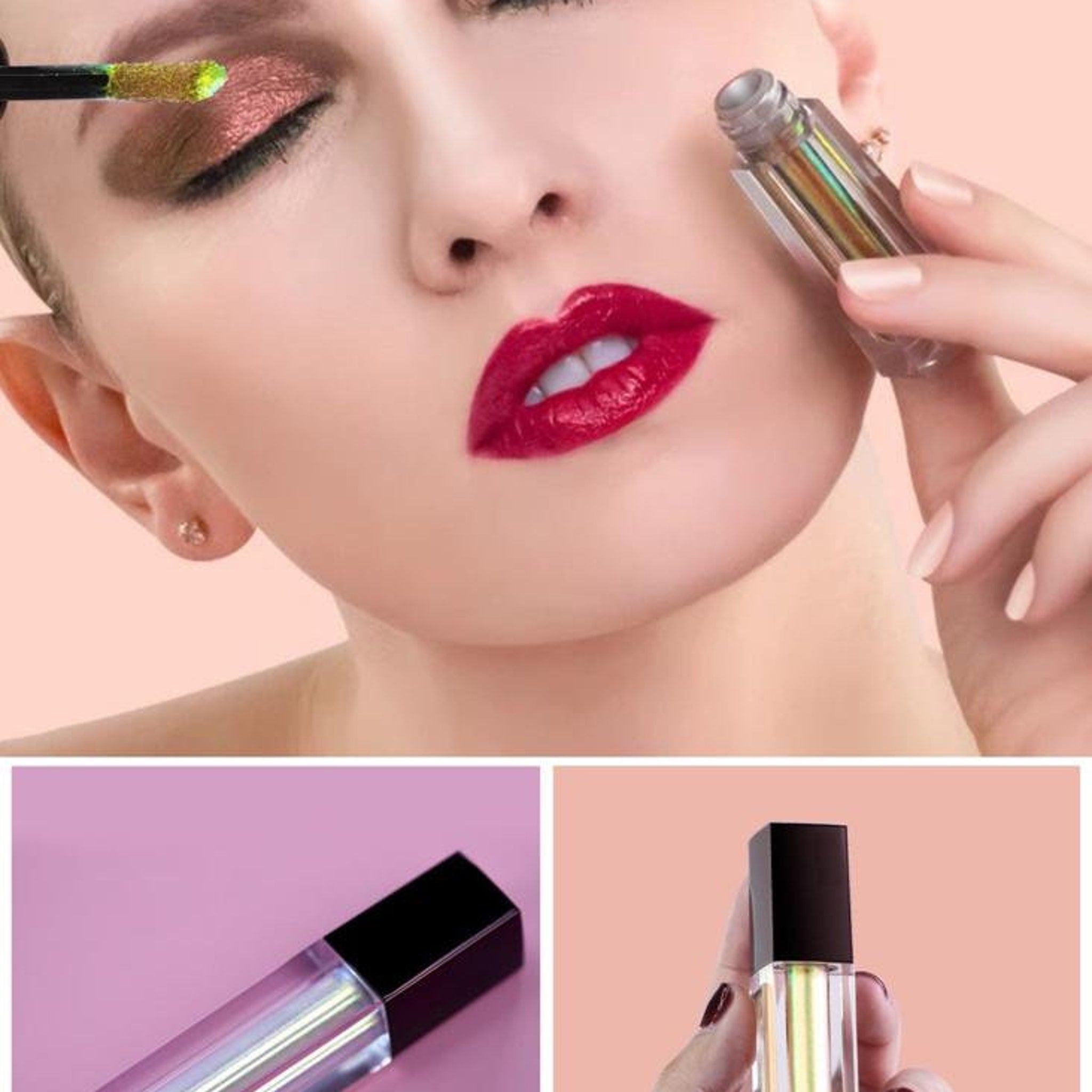 Hand applying iridescent multichrome liquid eyeshadow with doe-foot applicator, showing shifting mirror chrome shine on eyelid