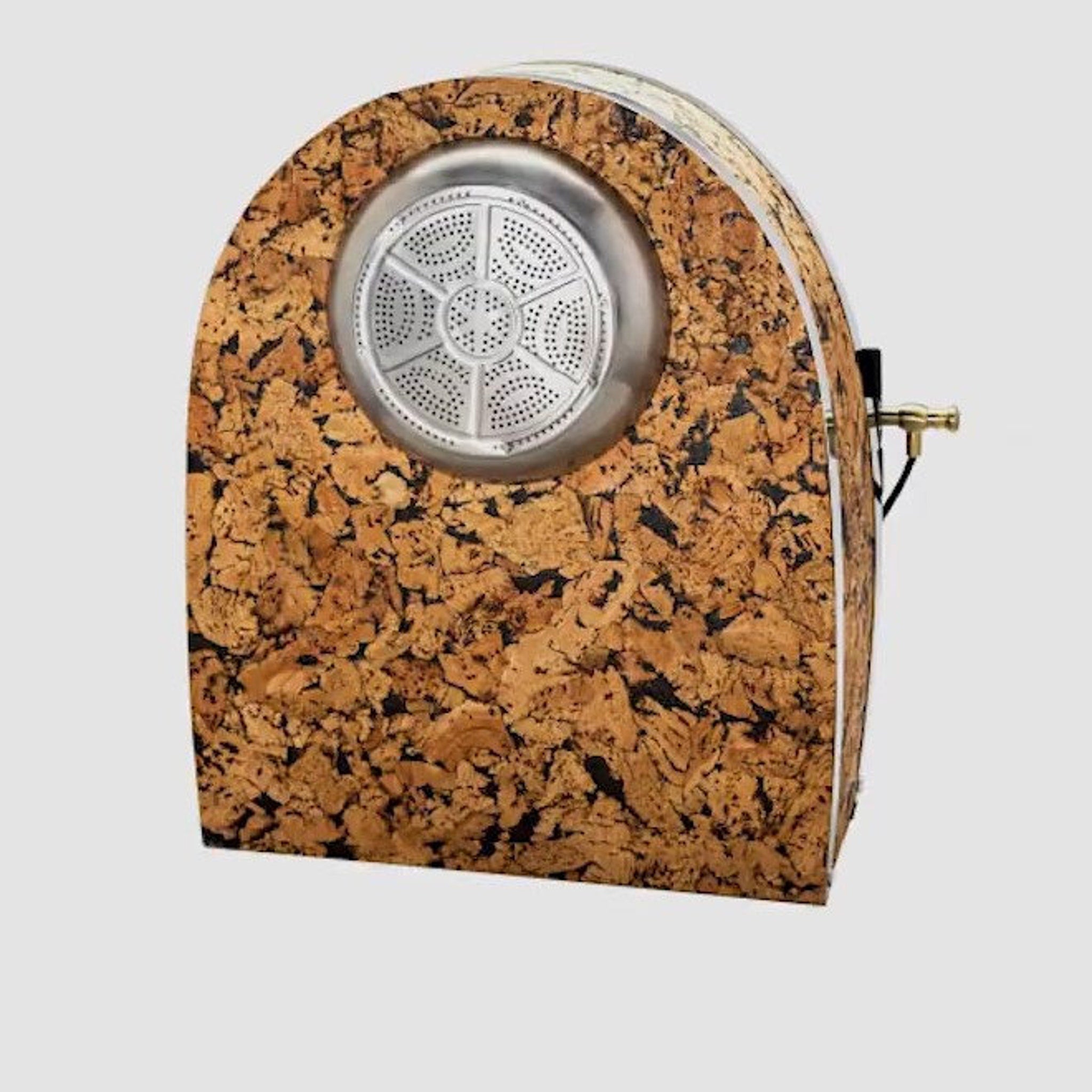 Cork appliance with brown and black patterned exterior and silver metal vent