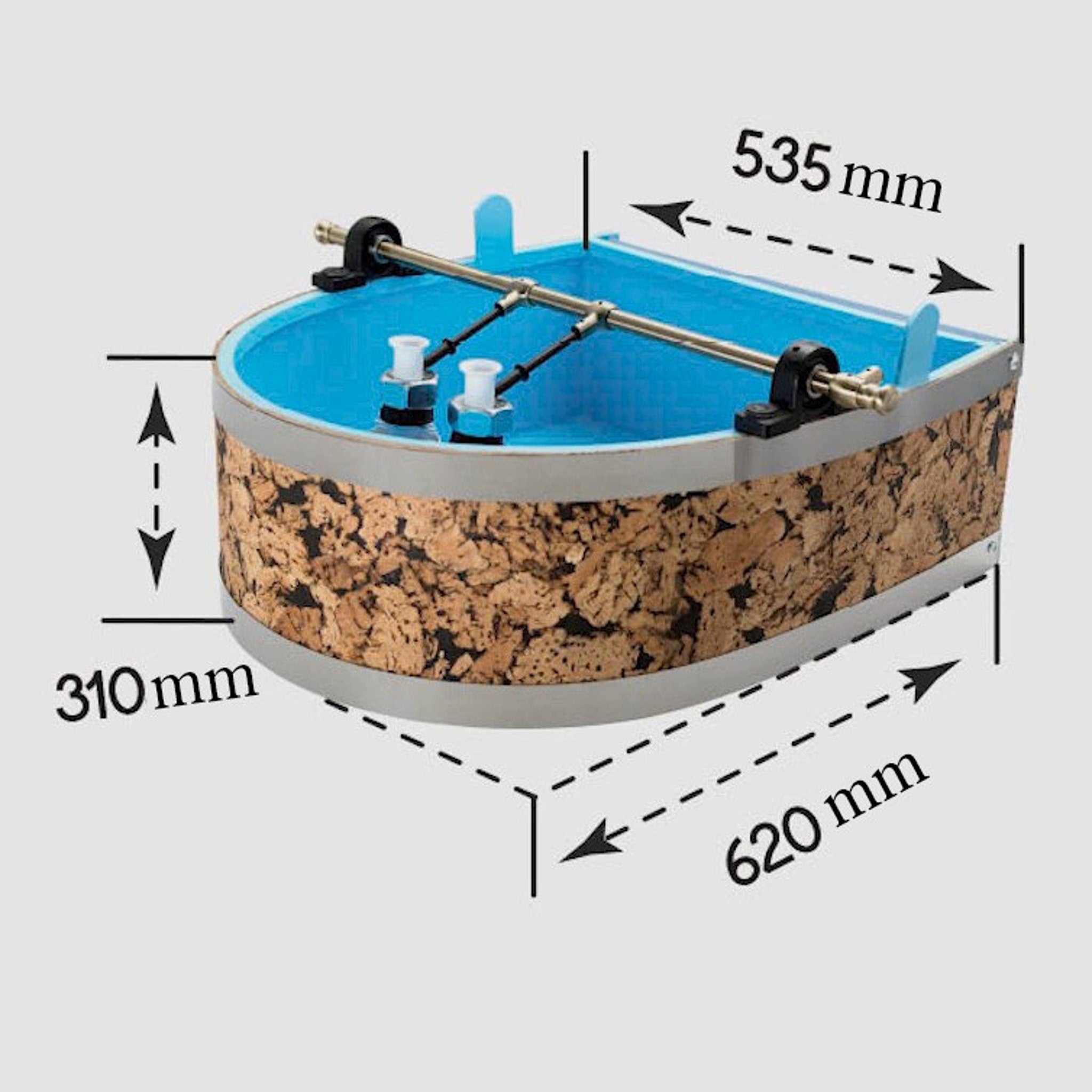 Blue and cork-patterned tub with metal accents and dimensions displayed on a white background.