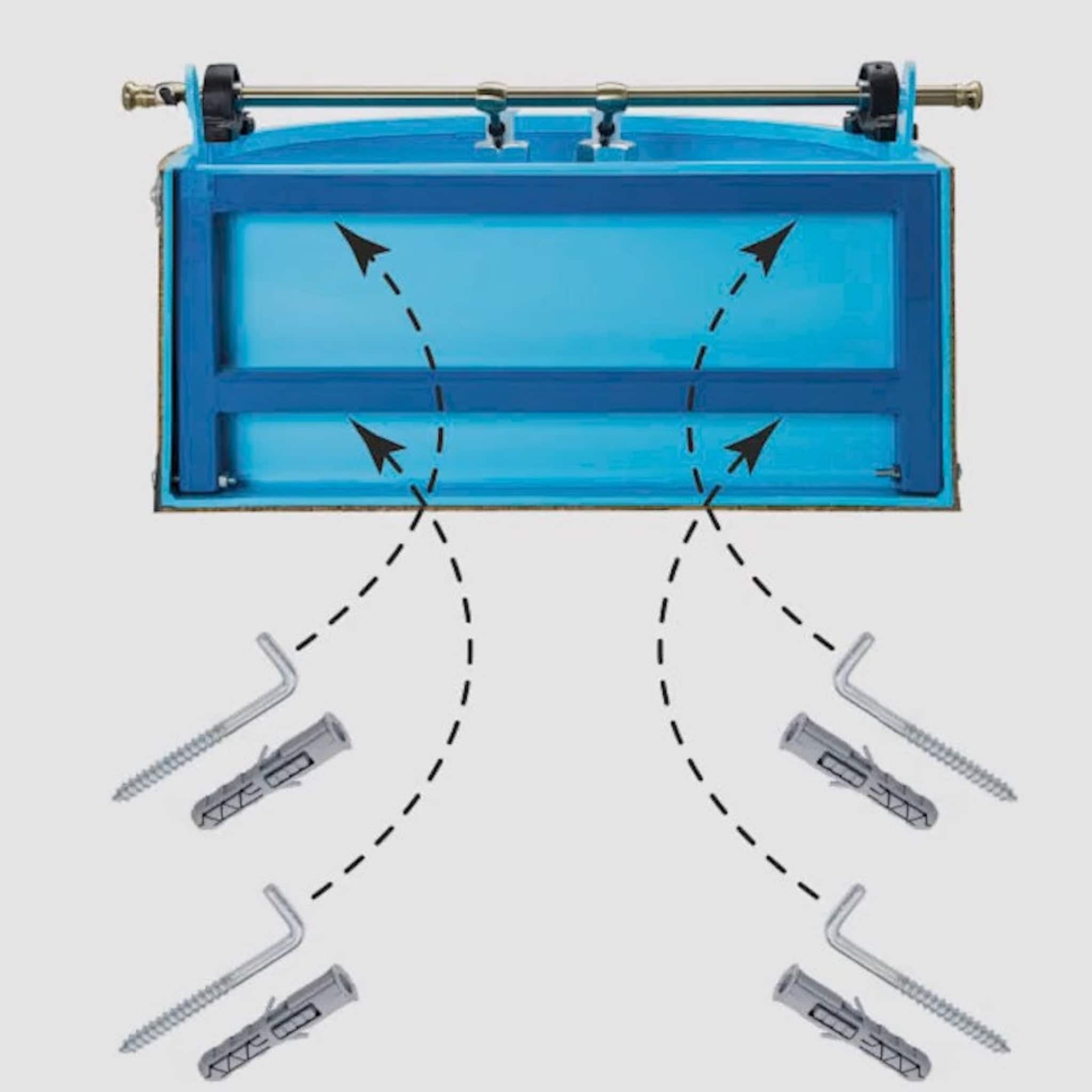 Blue rectangular frame with silver metal hardware and screws, installation diagram