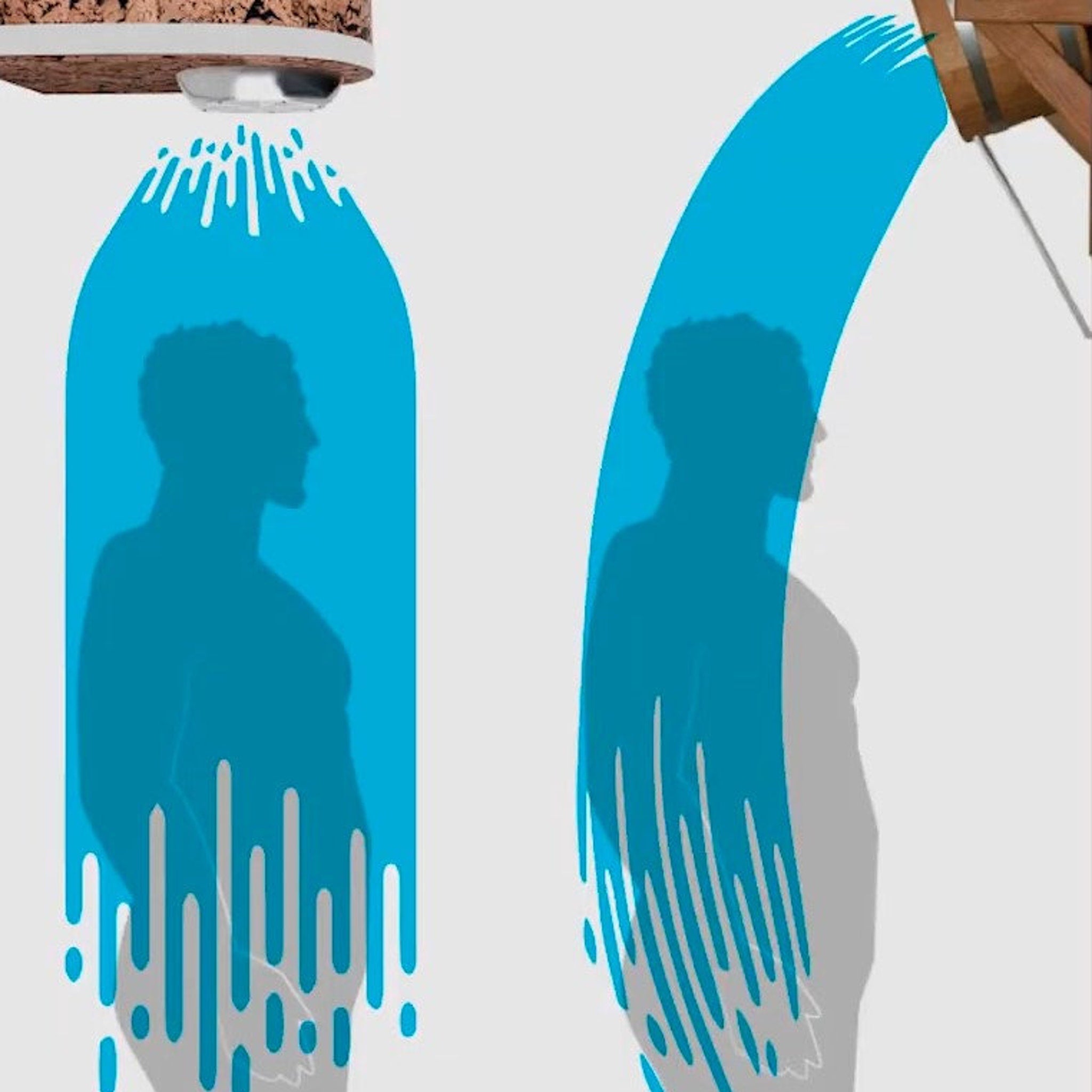 Blue water flow illustration with wood and white background, showing a person silhouette