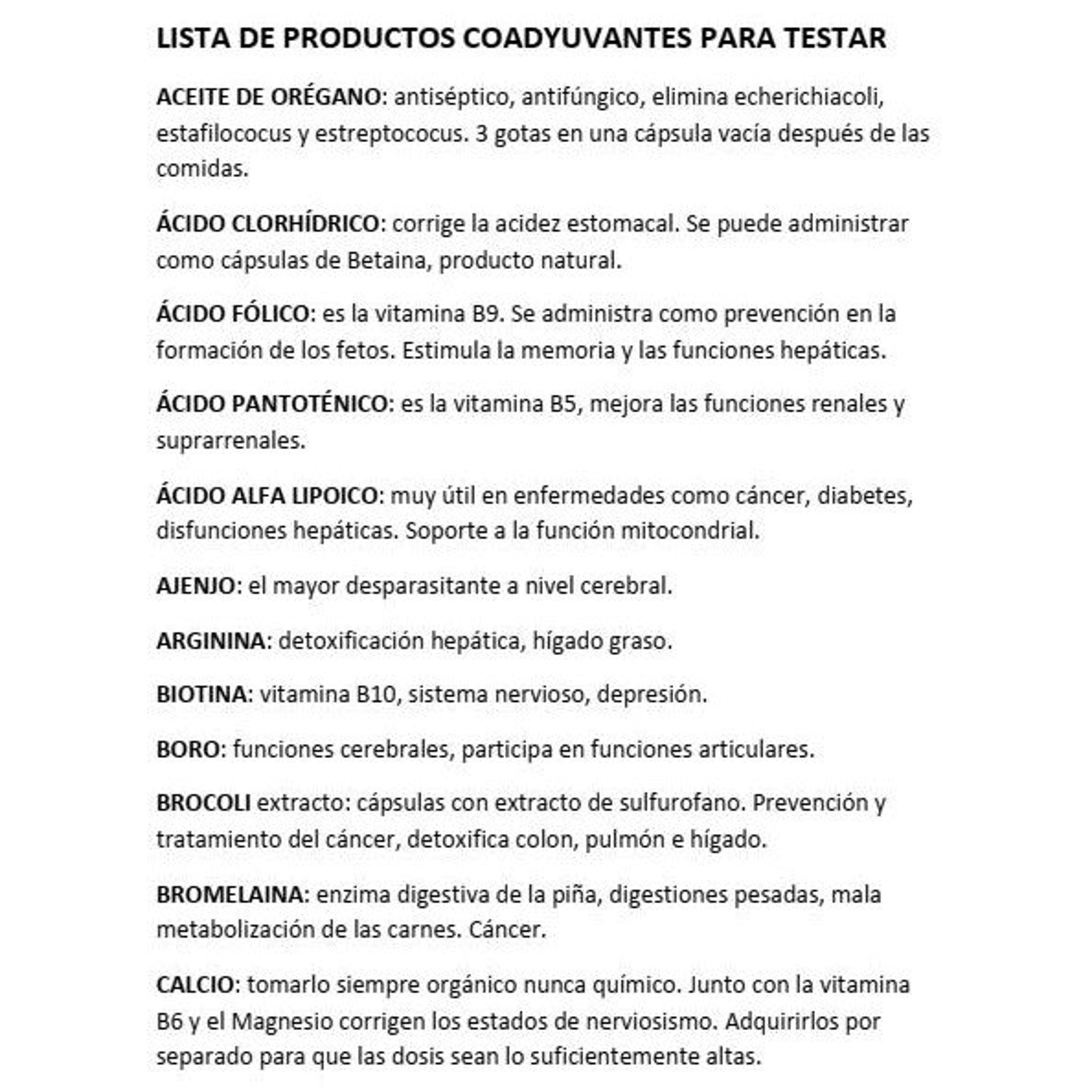 Product list with black text on white background, various health supplements described