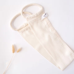 Back exfoliating kese, off-white fabric with rope handle, SENDE brand label visible