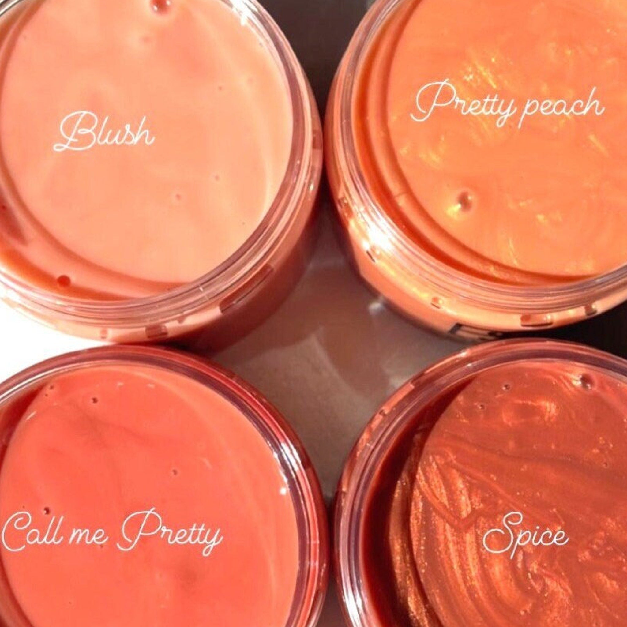 Wholesale lip gloss in four shades, Blush, Pretty Peach, Call me Pretty, Spice