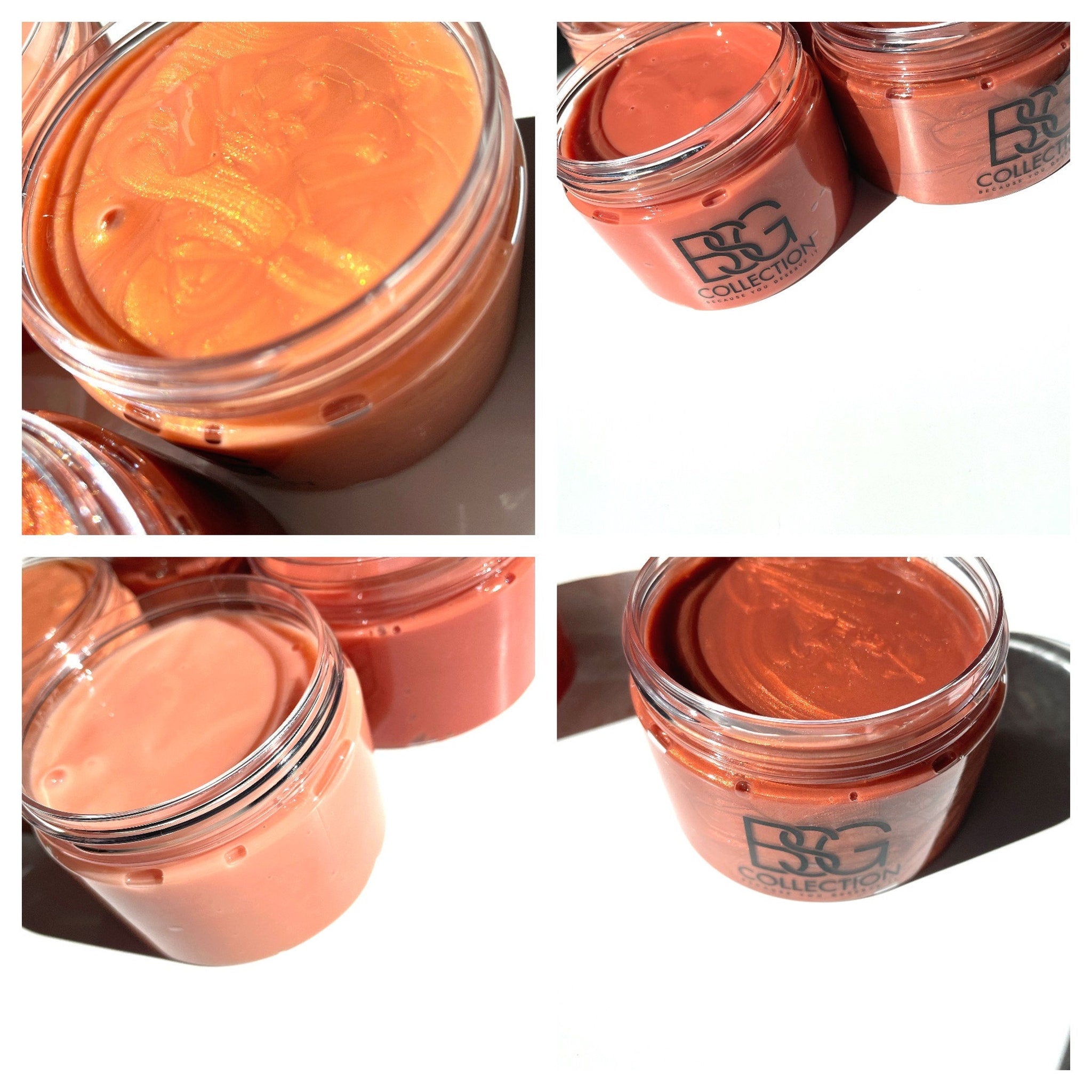 Orange-toned cream in clear jars, metallic shimmer, "ESG Collection" branding visible on jar