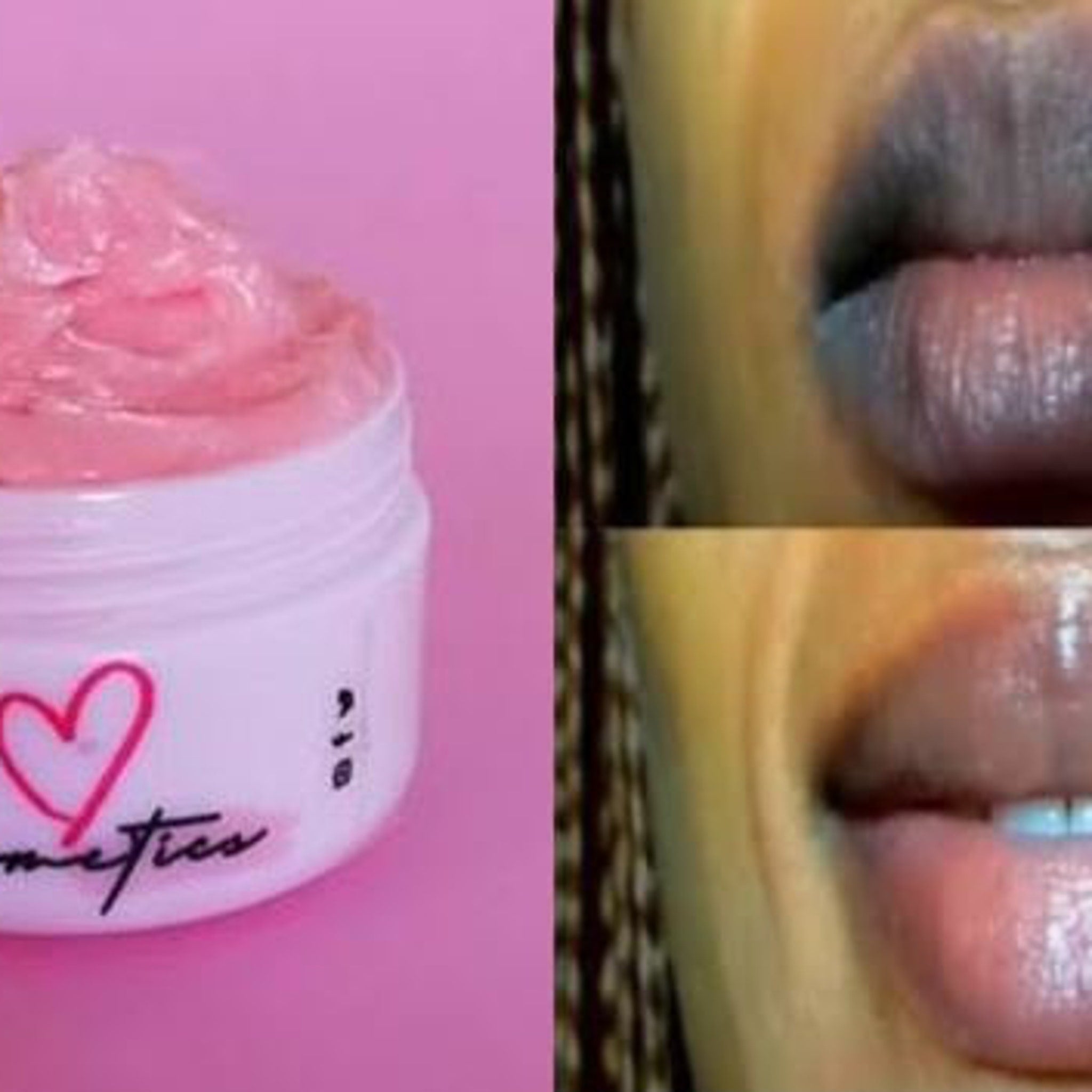 Lip balm jar with pink cream, white jar, and "Cosmetics" text on pink background