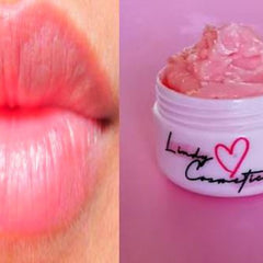 Lip balm product with pink color, jar, and Lindy Cosmetics branding visible