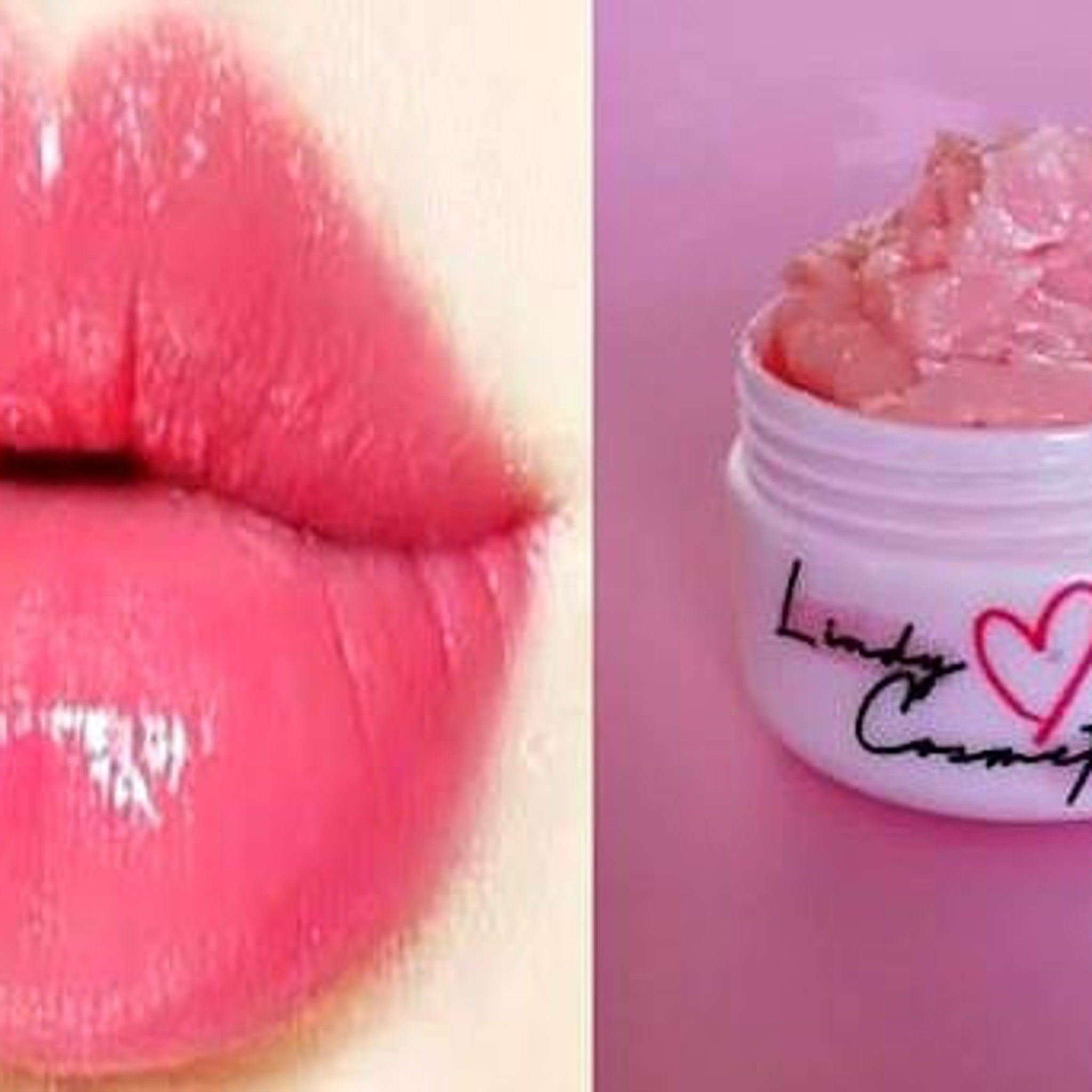 Lip balm with pink color and glossy texture, Lindy Cosmetics brand visible