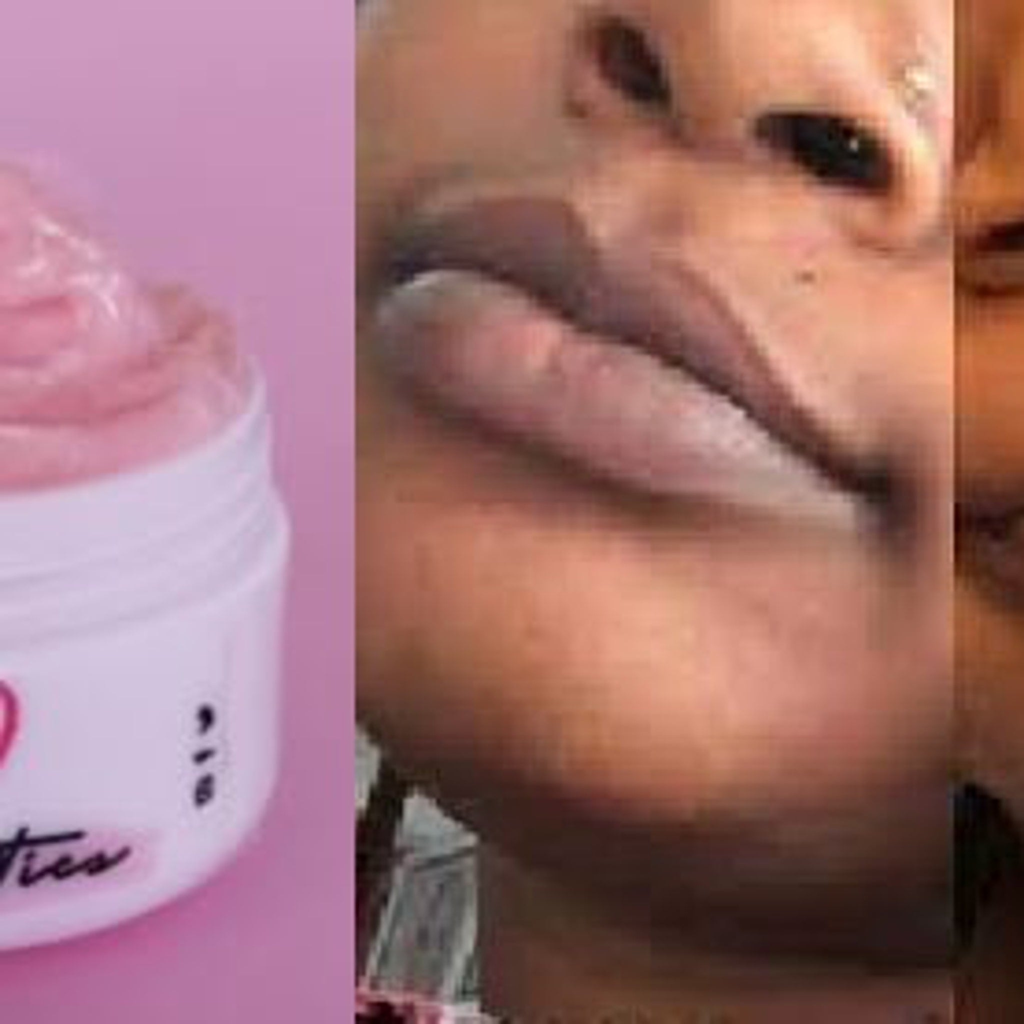 Lip balm jar with pink contents, white container, and visible text on a pink background