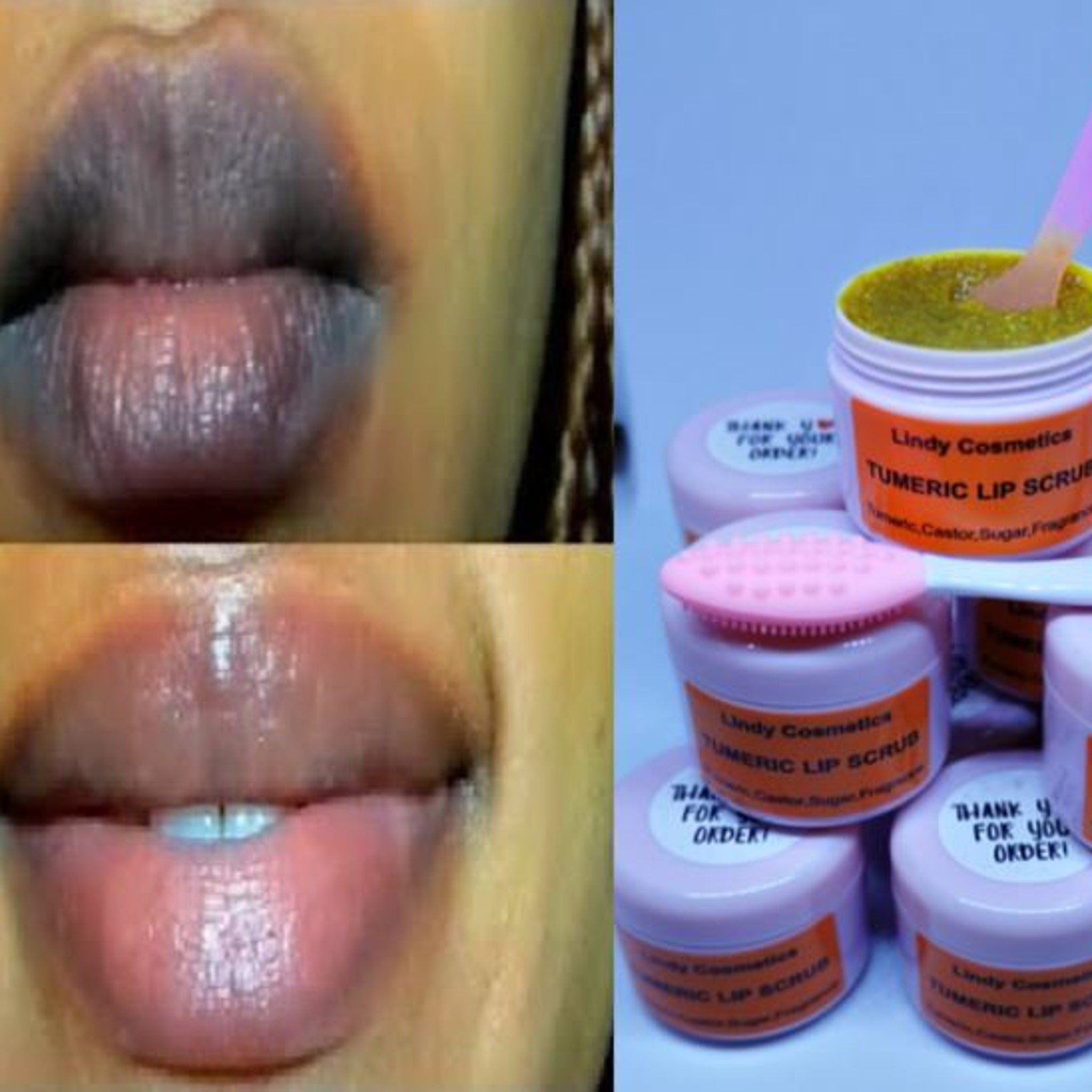 Lip scrub before and after, showing dark lips and pink lips, with Lindy Cosmetics jars and pink applicator