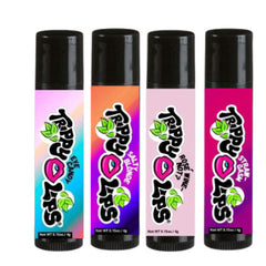 Lip balms with black caps and colorful labels, Trippy Lips brand, different flavors displayed