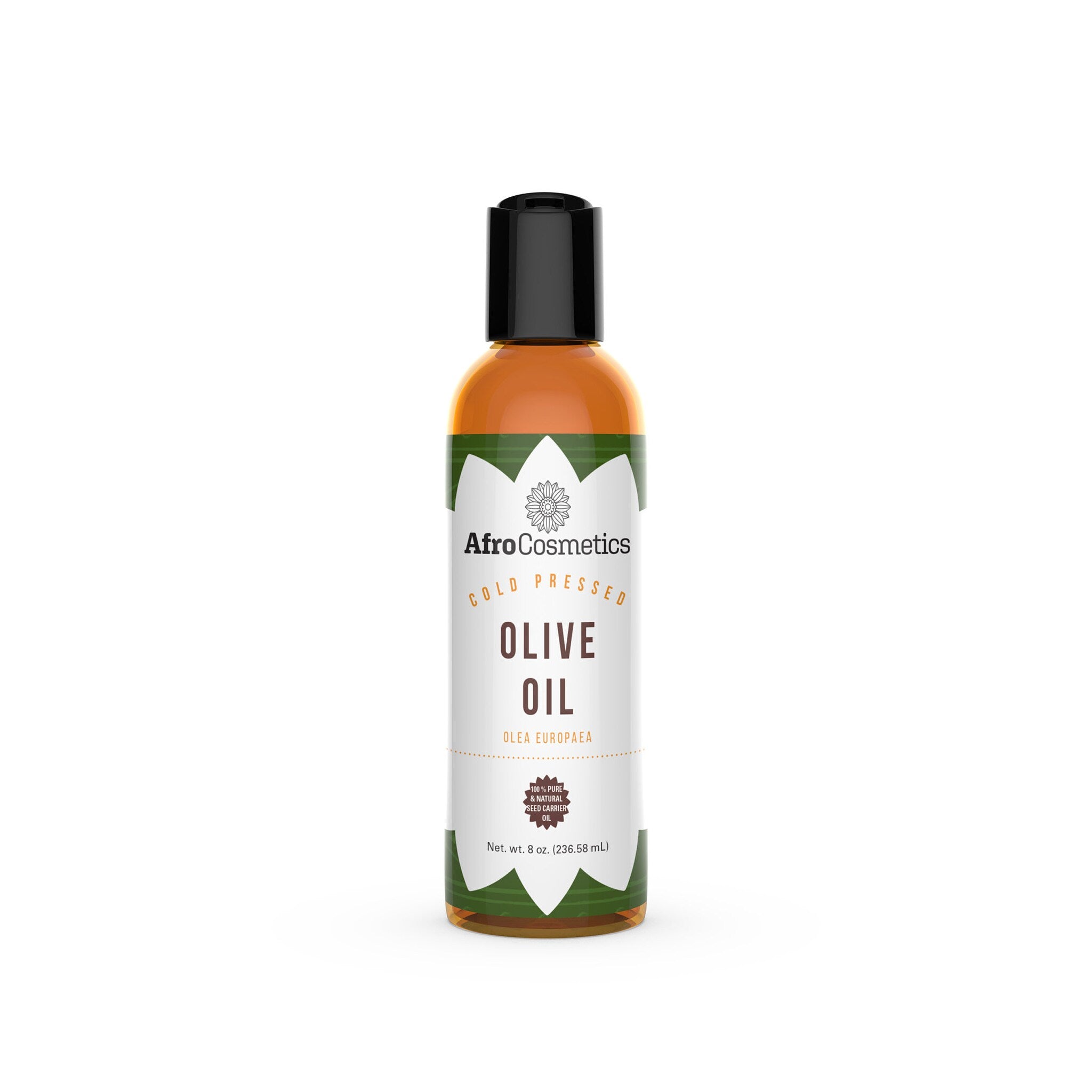 Amber glass bottle of cold-pressed olive oil with gold cap and minimalist label, showcasing natural skincare product