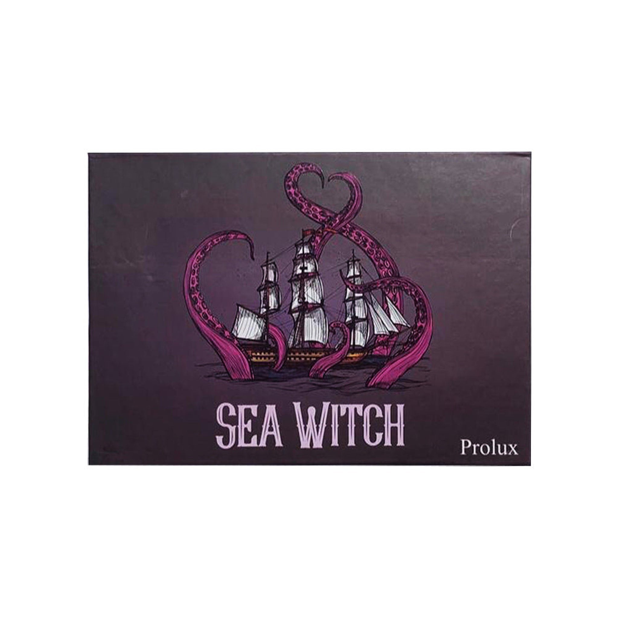 Sea Witch illustration with purple tentacles and ship on dark background, Prolux logo visible