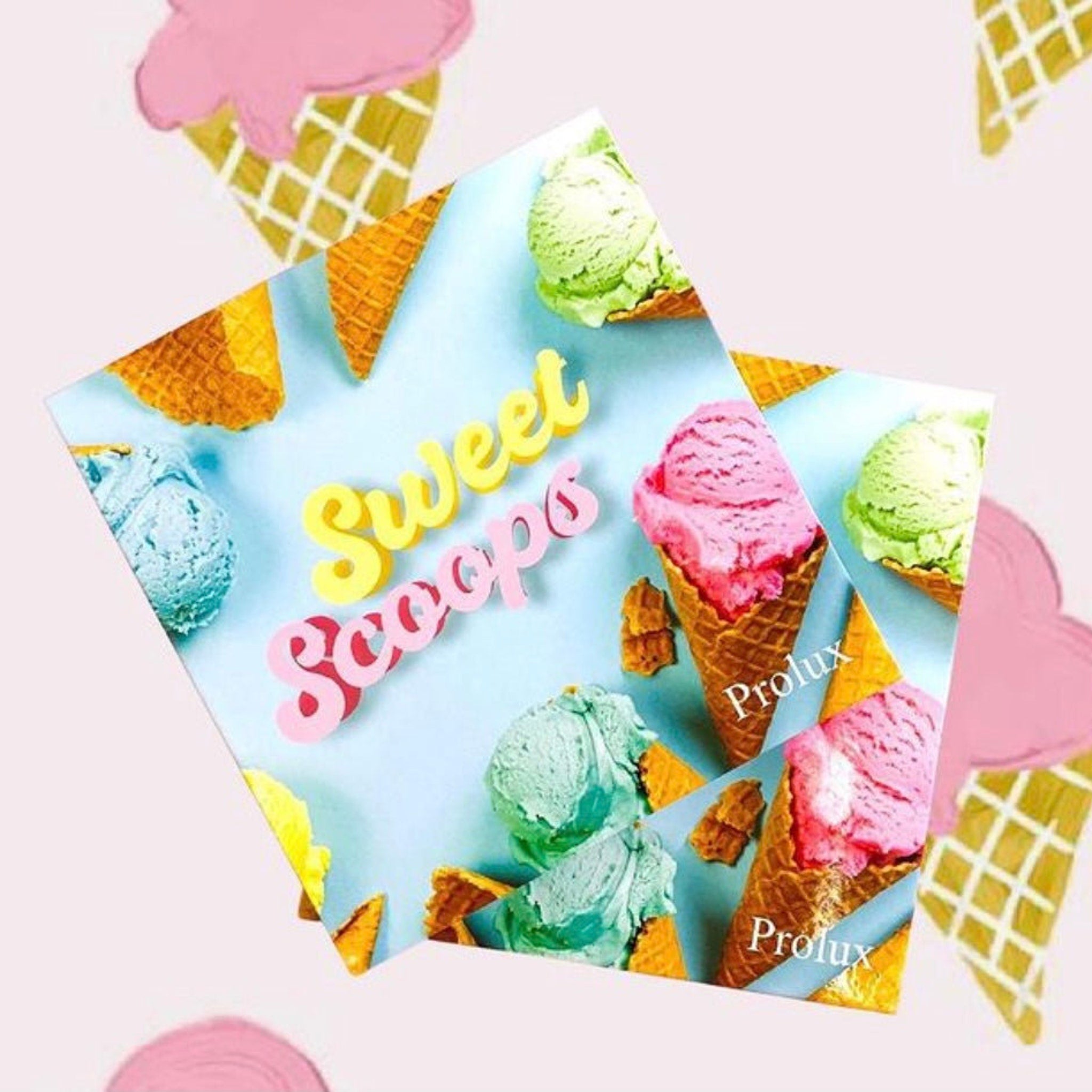 Ice cream cones with colorful scoops, waffle cone texture, and Prolux text on blue background