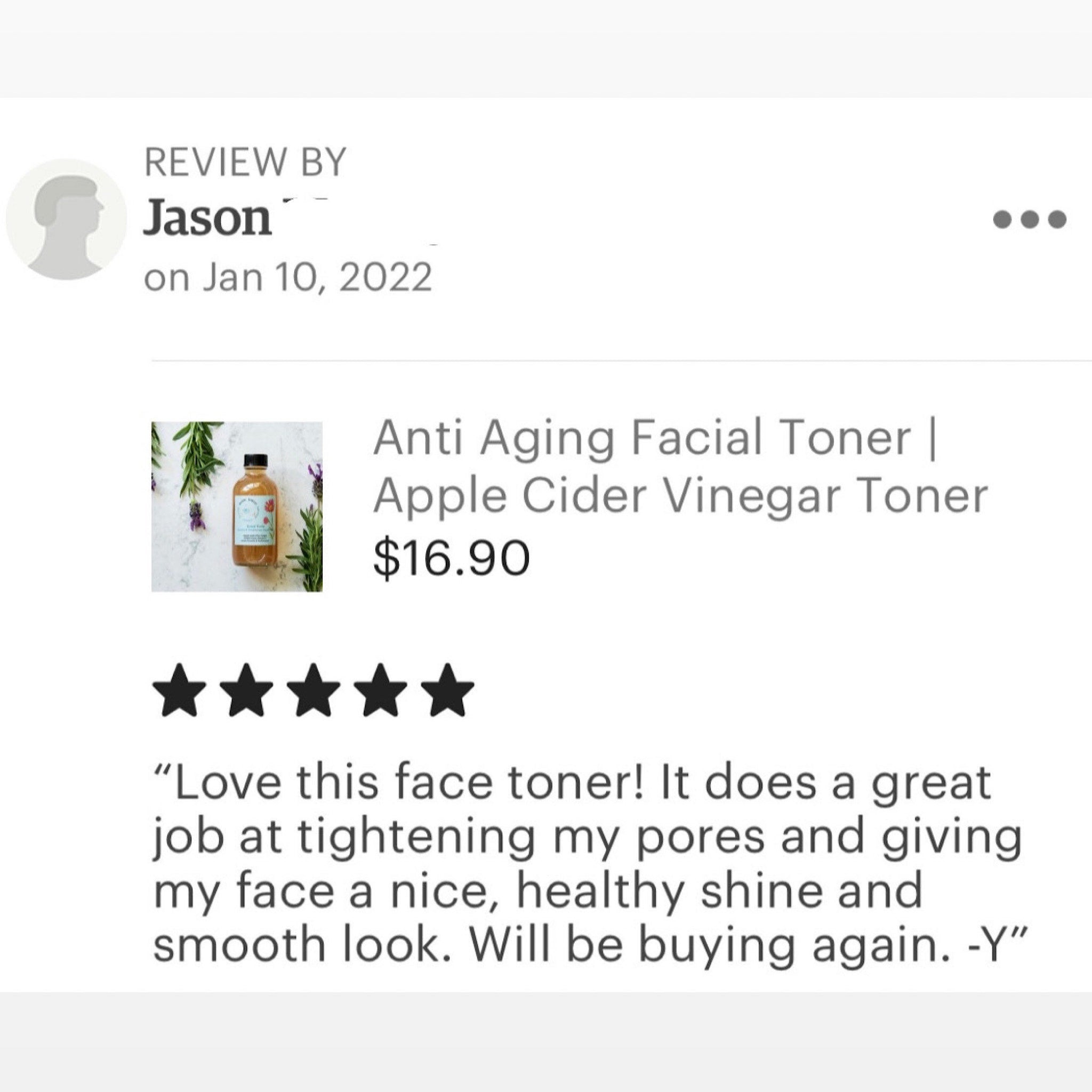 Facial toner review with five black stars, text and a product image with a brown bottle and green herbs around it