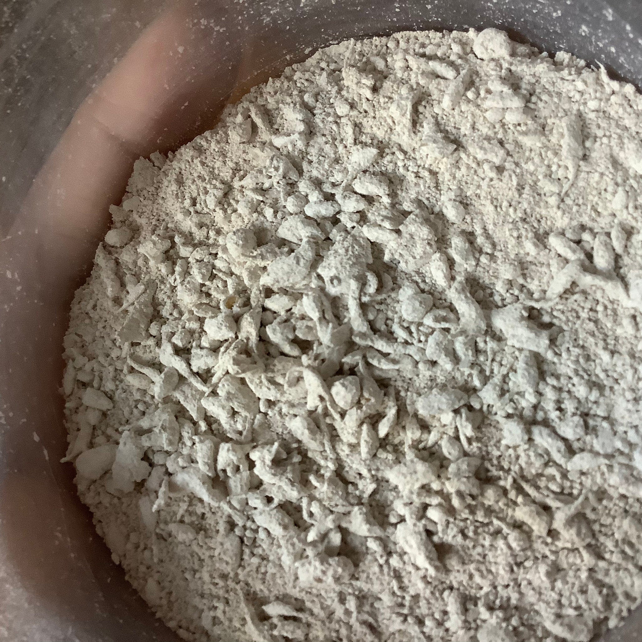 Powdered substance with light beige color and coarse texture, held in a container