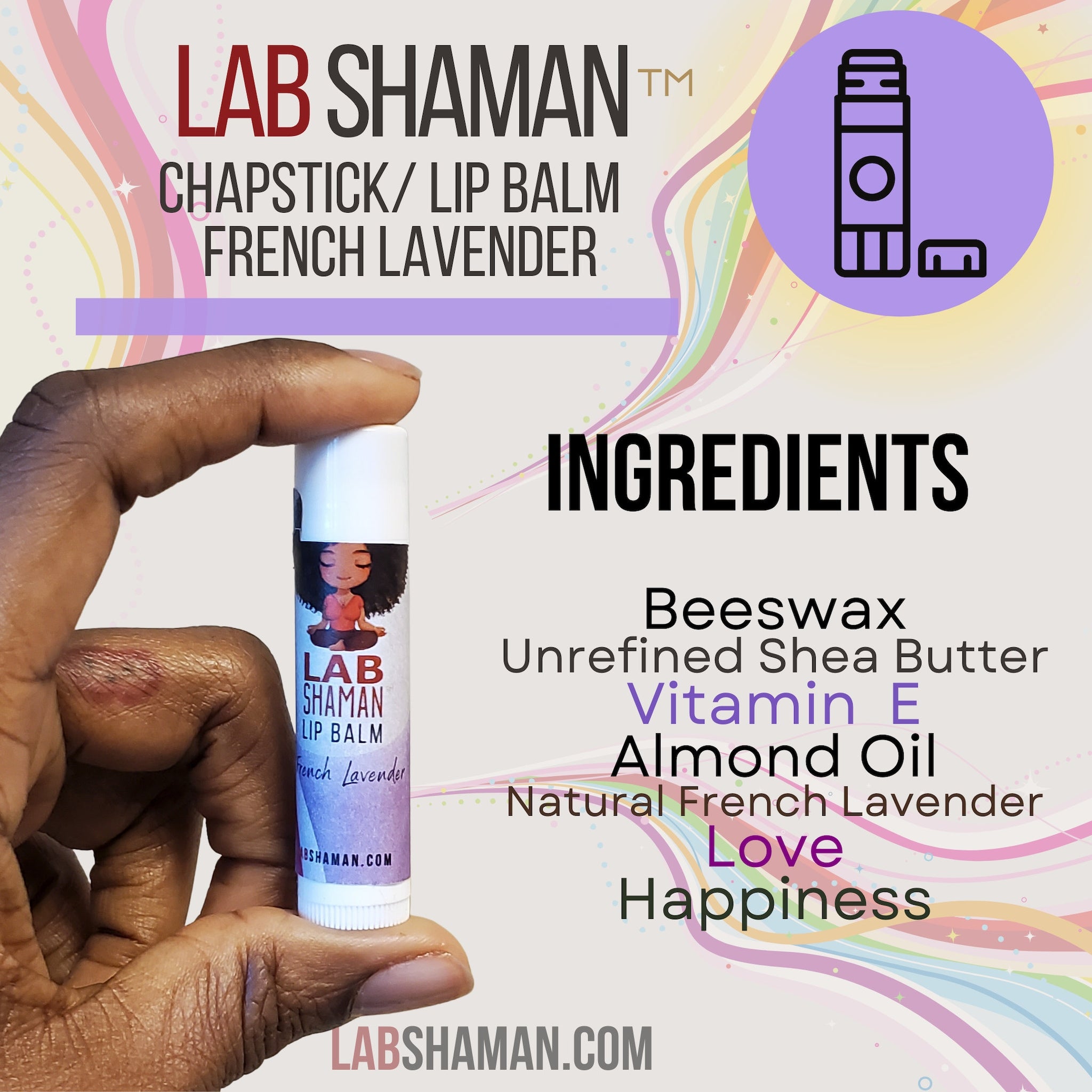 Lip balm tube with white and purple label, held in hand, LAB SHAMAN text visible