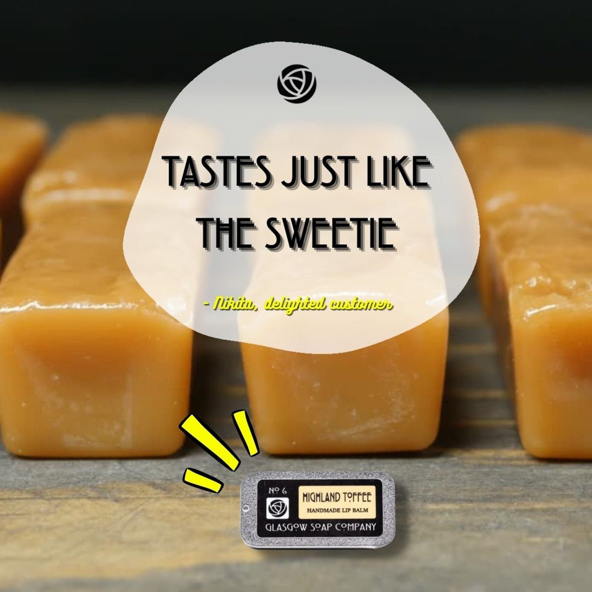Highland Toffee lip balm, caramel-colored, rectangular, with Glasgow Soap Company branding