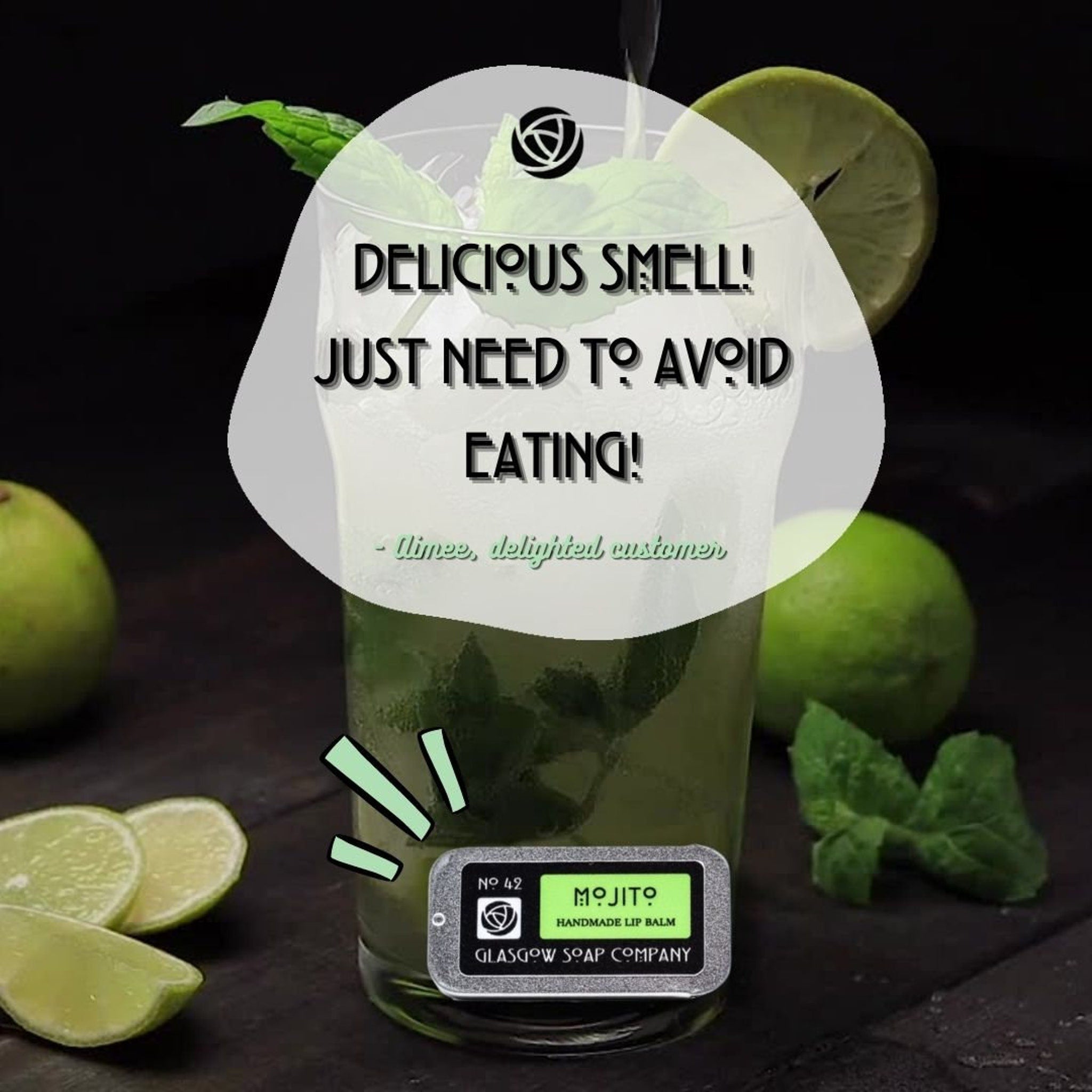 Mojito lip balm with green and silver packaging, lime slices, and mint leaves, Glasgow Soap Company