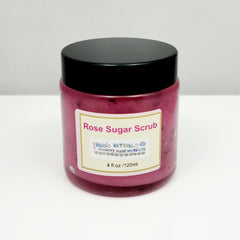 Rose Sugar Scrub jar with pink scrub, black lid, and Nanas Naturals label