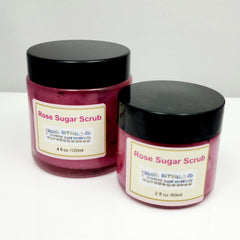 Rose sugar scrub in glass jars with black lids, Nana's Naturals branding visible, for skincare