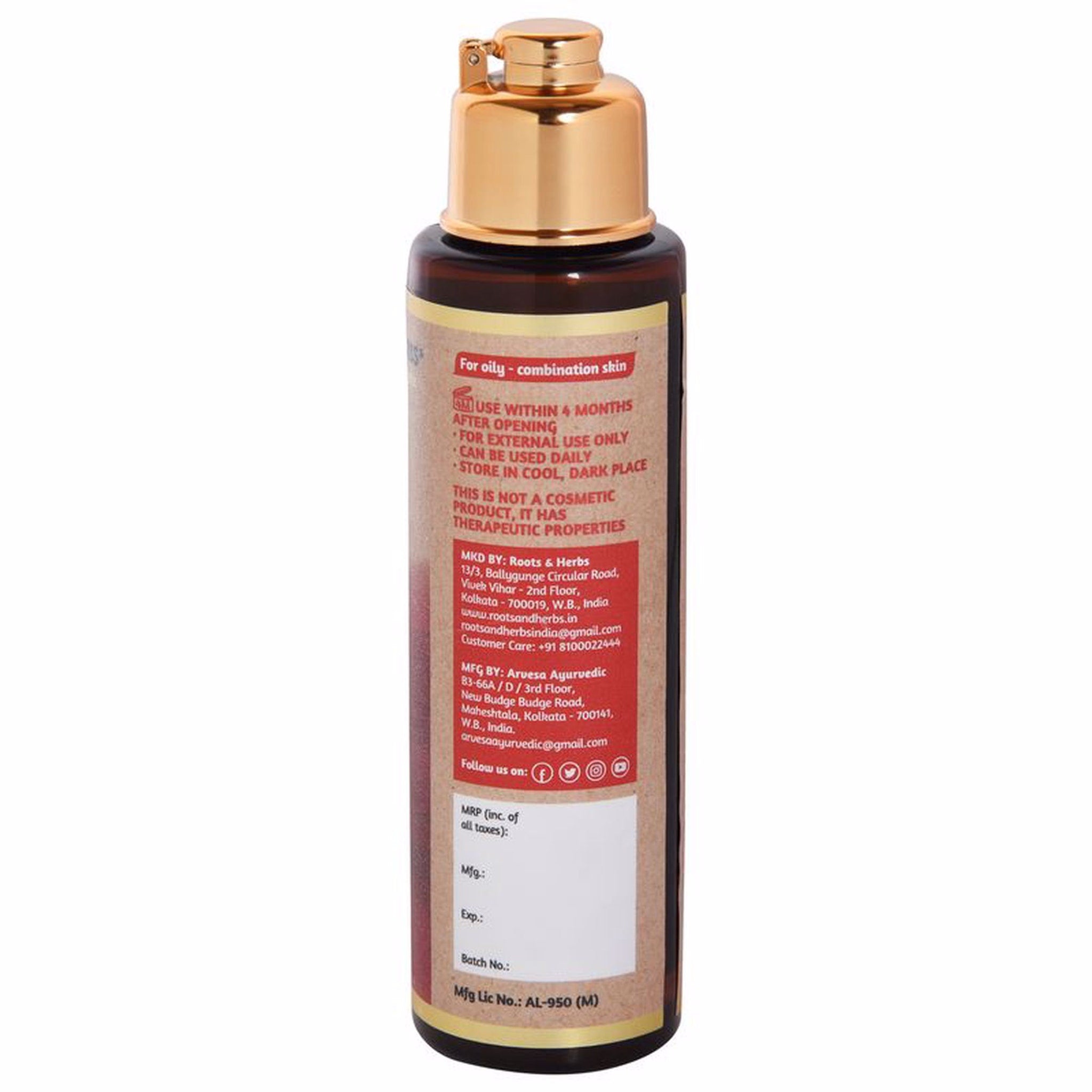 Bottle of brown liquid with gold cap and label, for oily combination skin
