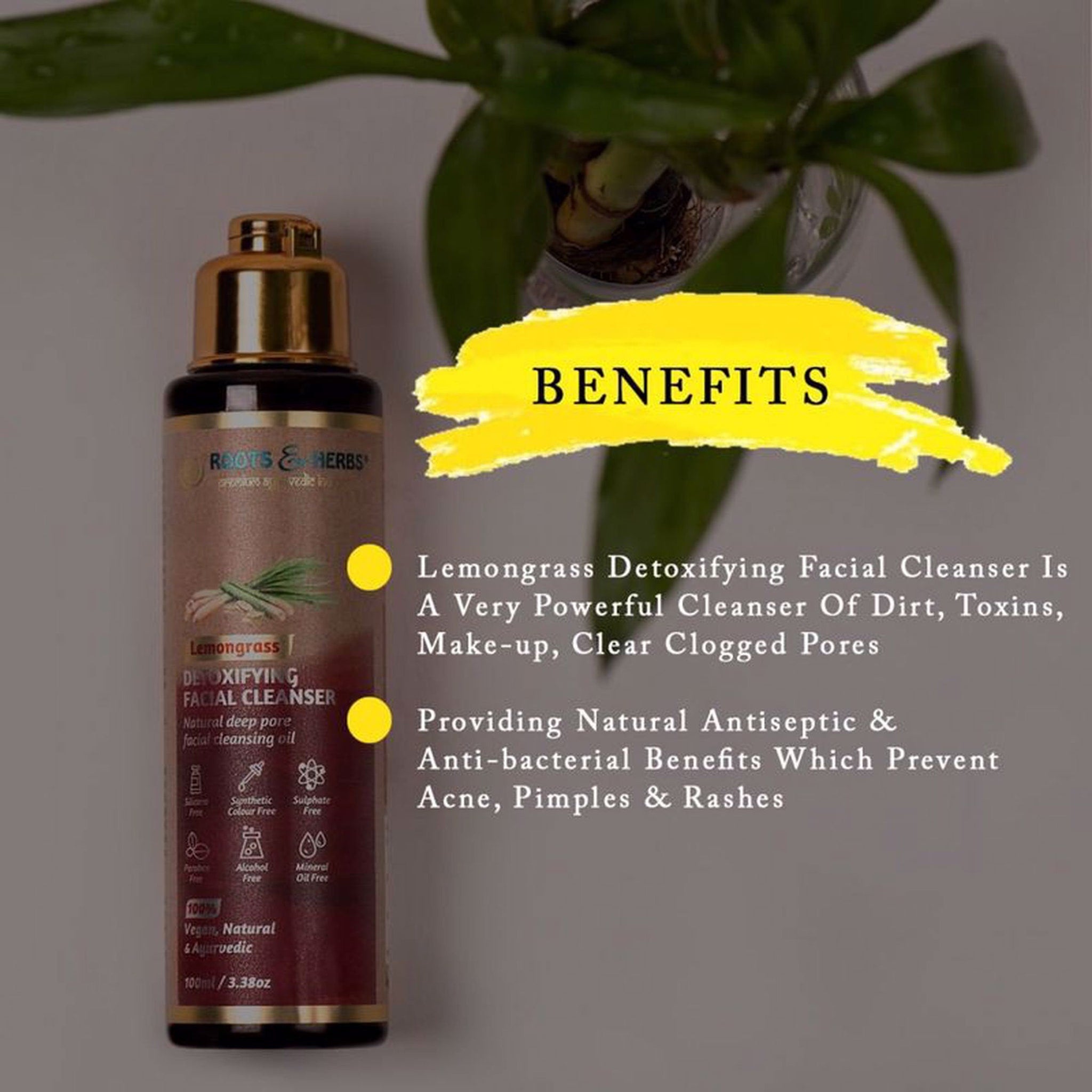 Facial cleanser bottle with gold cap, brown label, and Roots & Herbs text