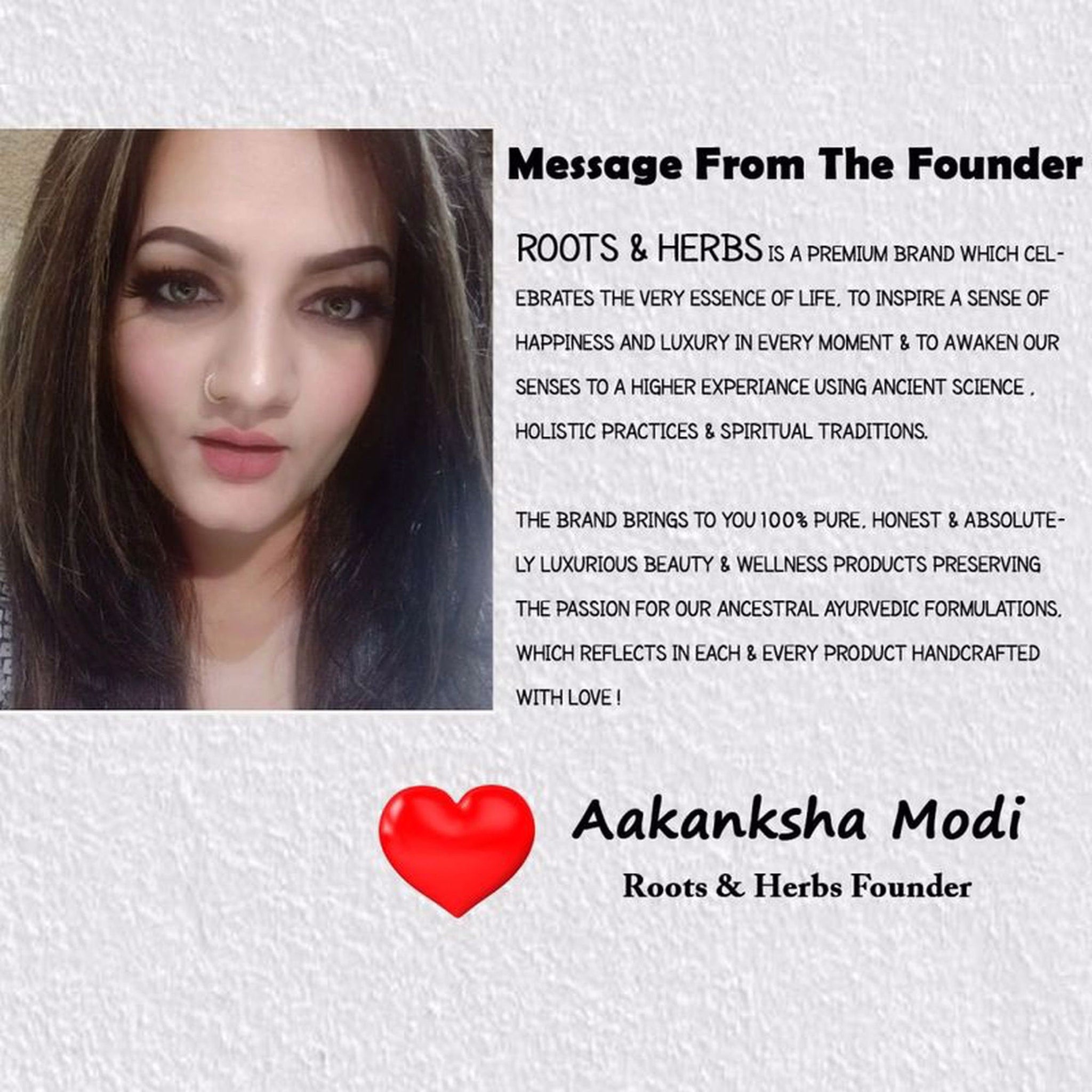 Founder portrait, woman with brown hair and pink lips, Roots & Herbs brand message displayed