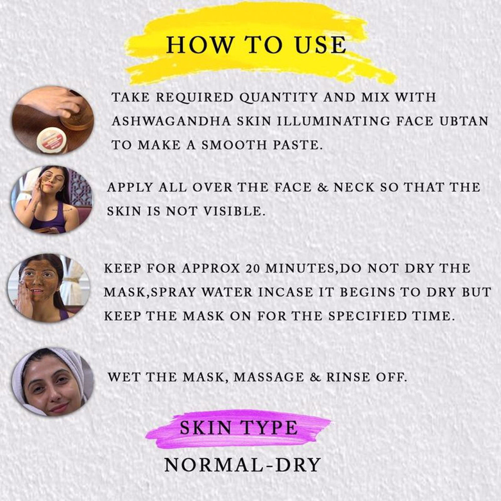 Face mask application guide with text, yellow and purple accents, and images of women applying mask