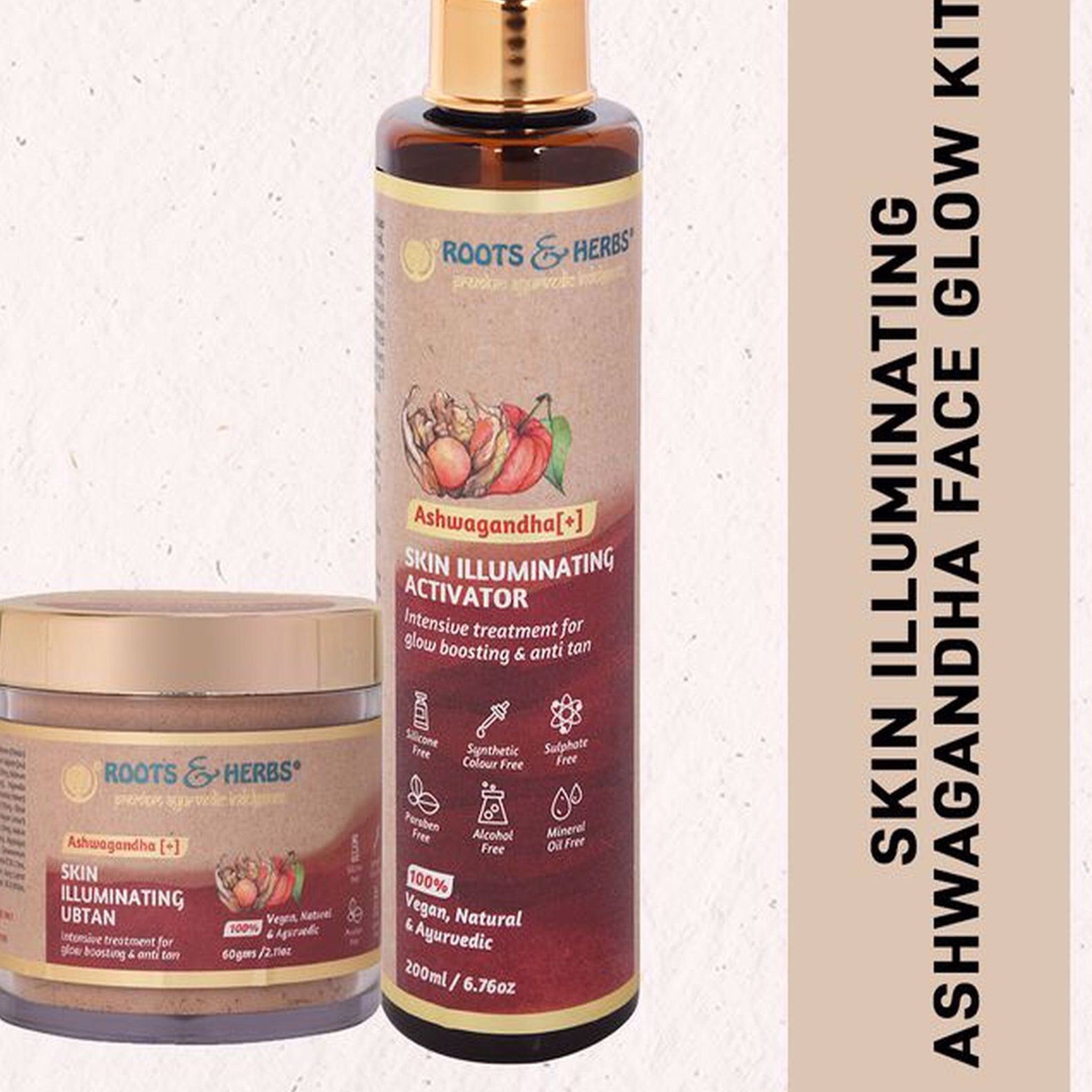 Face Makeup product with brown jar and bottle, gold lid, and Roots & Herbs brand name visible