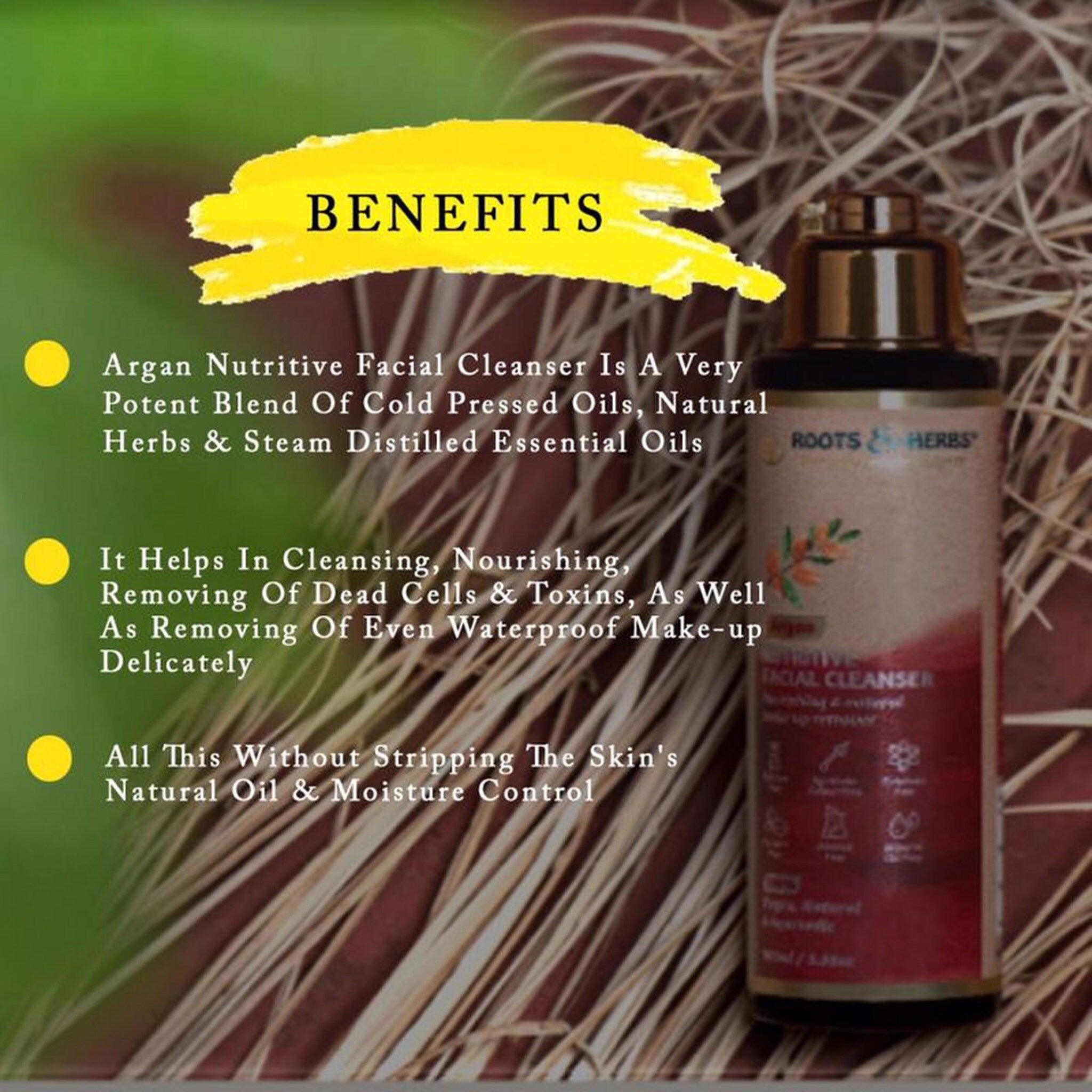 Facial cleanser bottle with brown and gold cap, Roots & Herbs brand, on wood background