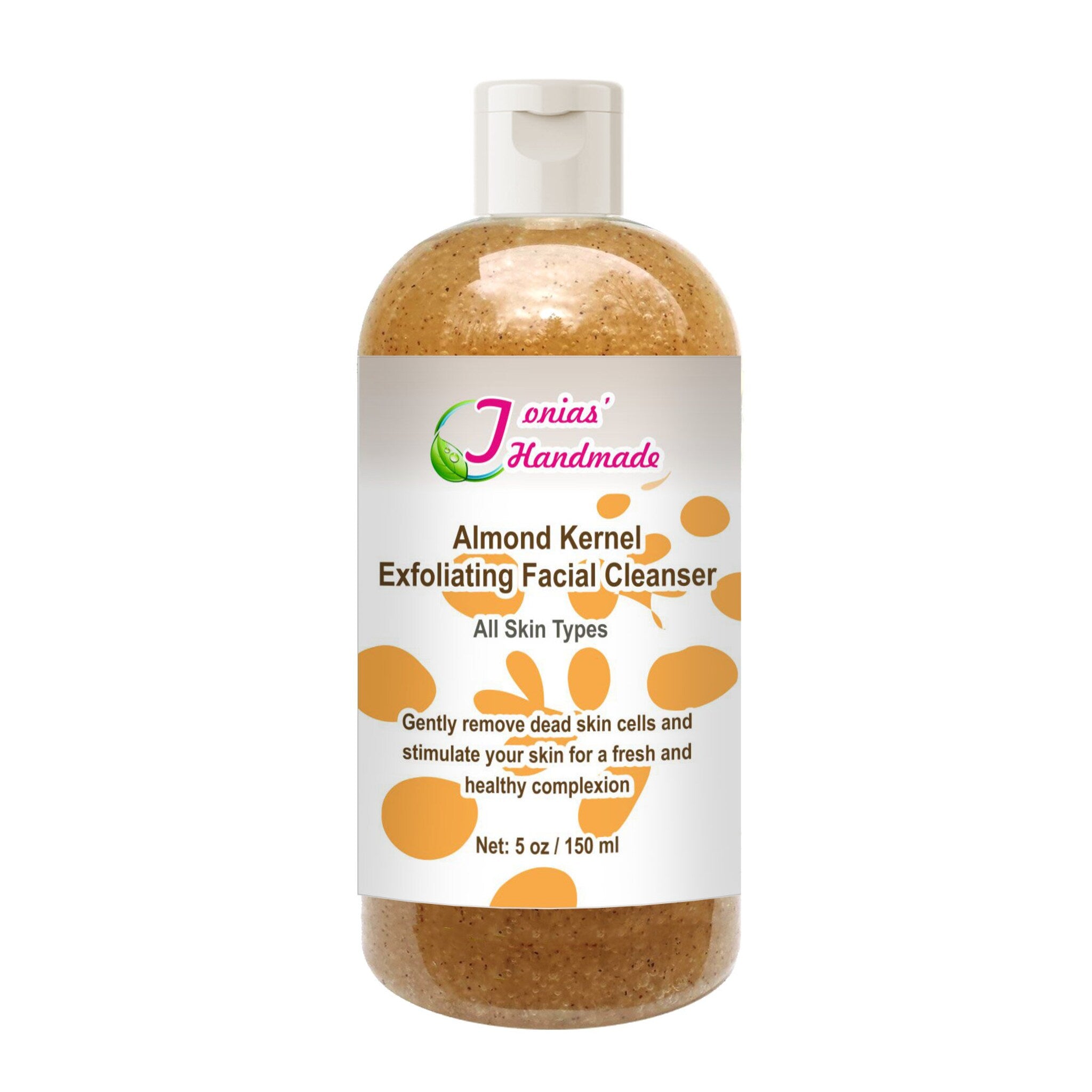 Exfoliating Facial Cleanser bottle with white cap, beige liquid, and "Jonias' Handmade" label
