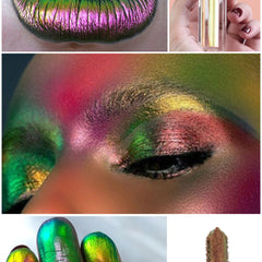 Close-up of multichrome liquid eyeshadow shifting between mirror-like chrome and iridescent hues in a sleek tube