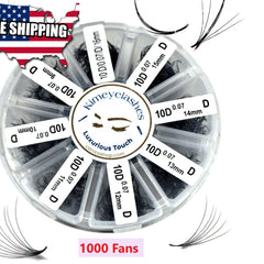 False eyelashes black wispy fans in clear container with Kimeyelashes brand name