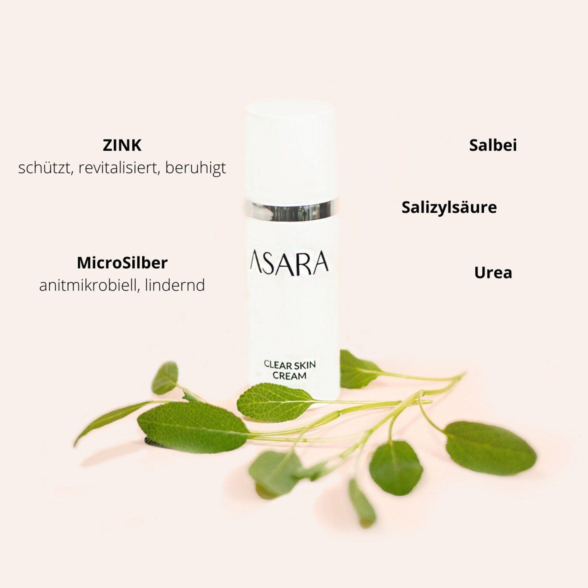 Clear skin cream product with white bottle, silver band, and green leaves of ASARA brand