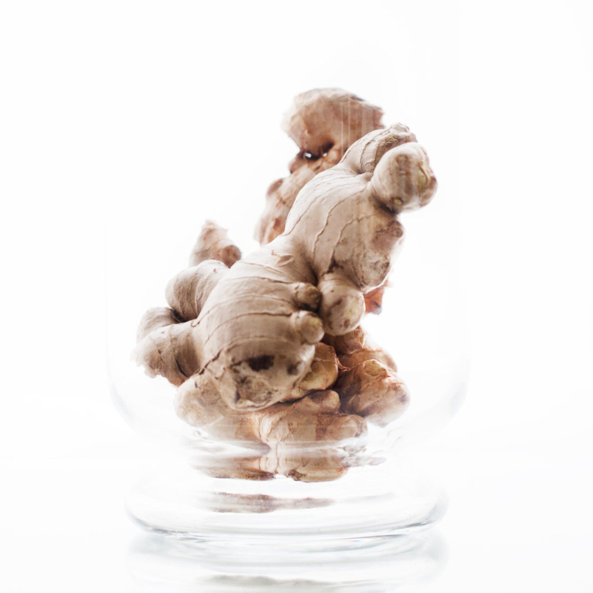 Ginger root, beige brown color, textured surface, inside a clear glass jar