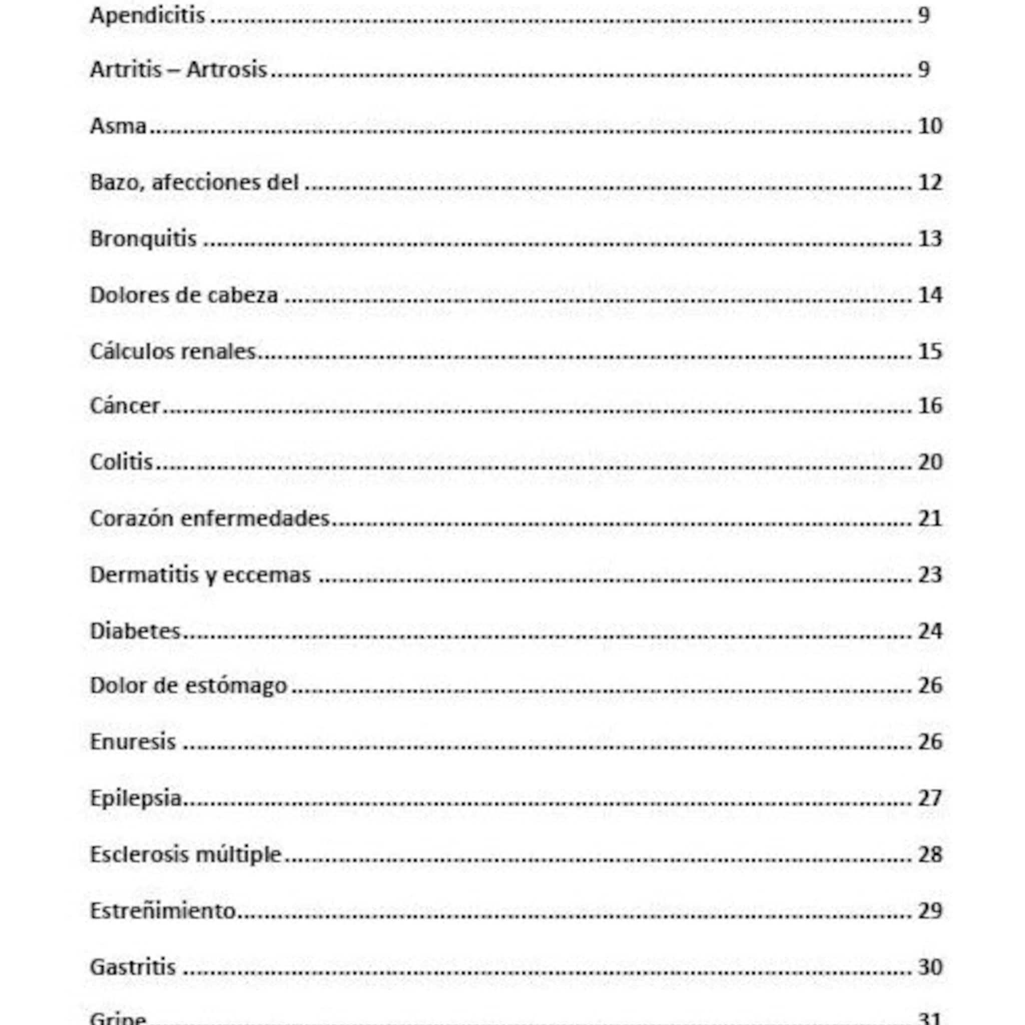 Medical document page with black text, dotted lines, and numbers, listing various health conditions