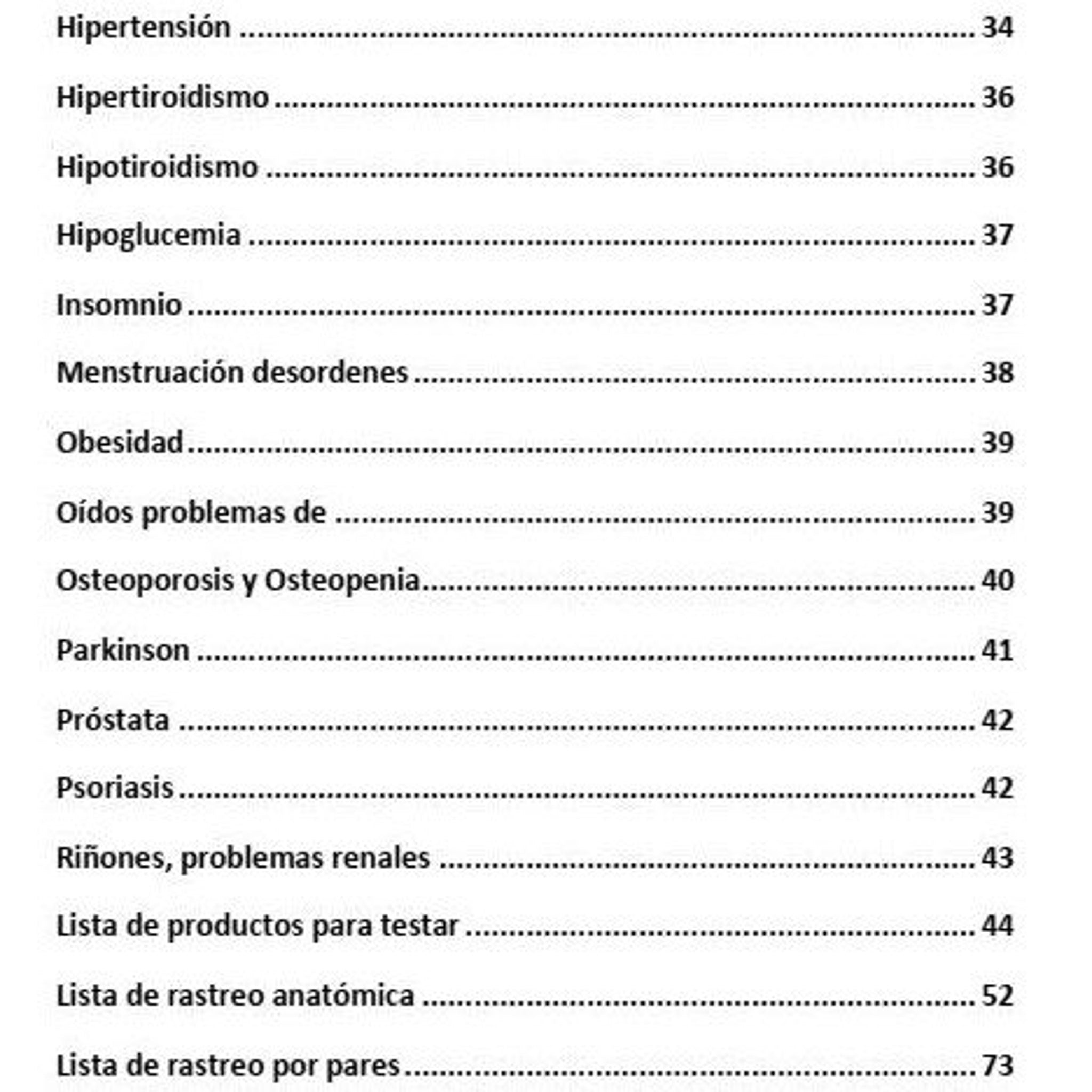 Table of contents page with black text on white background and dotted lines