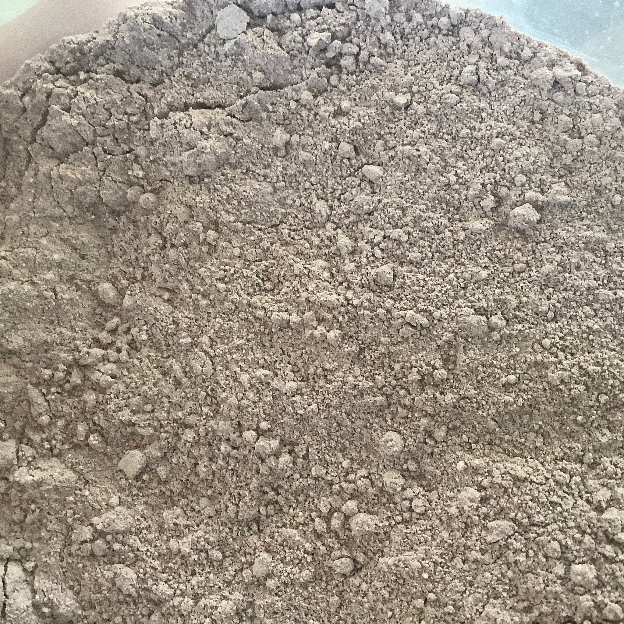 Powdered substance with gray-brown color, grainy texture, and small clumps visible throughout the surface