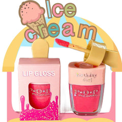 Lip gloss in pink and red with "POP" branding and ice cream theme design