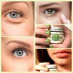 Eye creme application with green nail polish and jar with Farblossom Ranch text visible