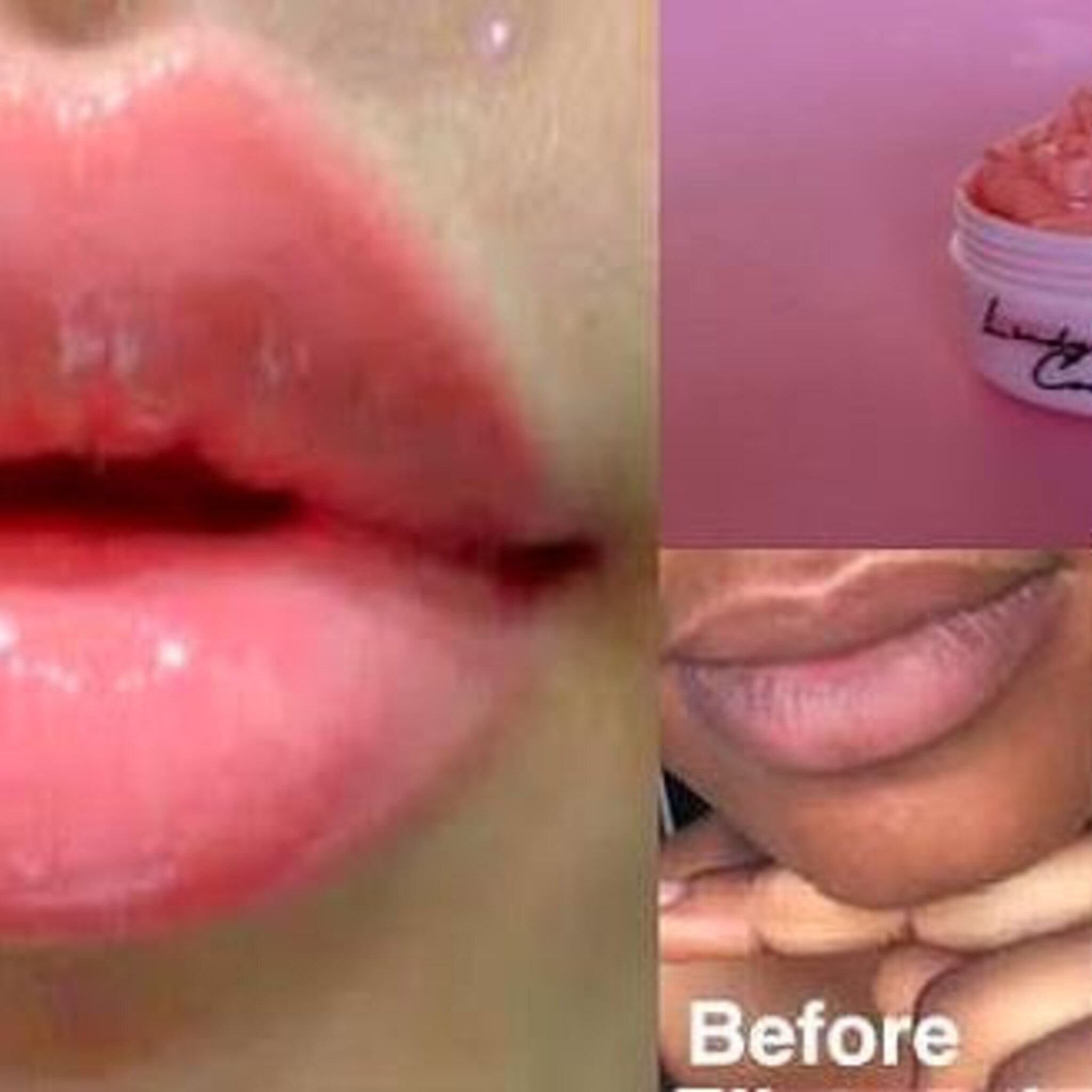 Lip product comparison with pink glossy lips and "Before" text visible