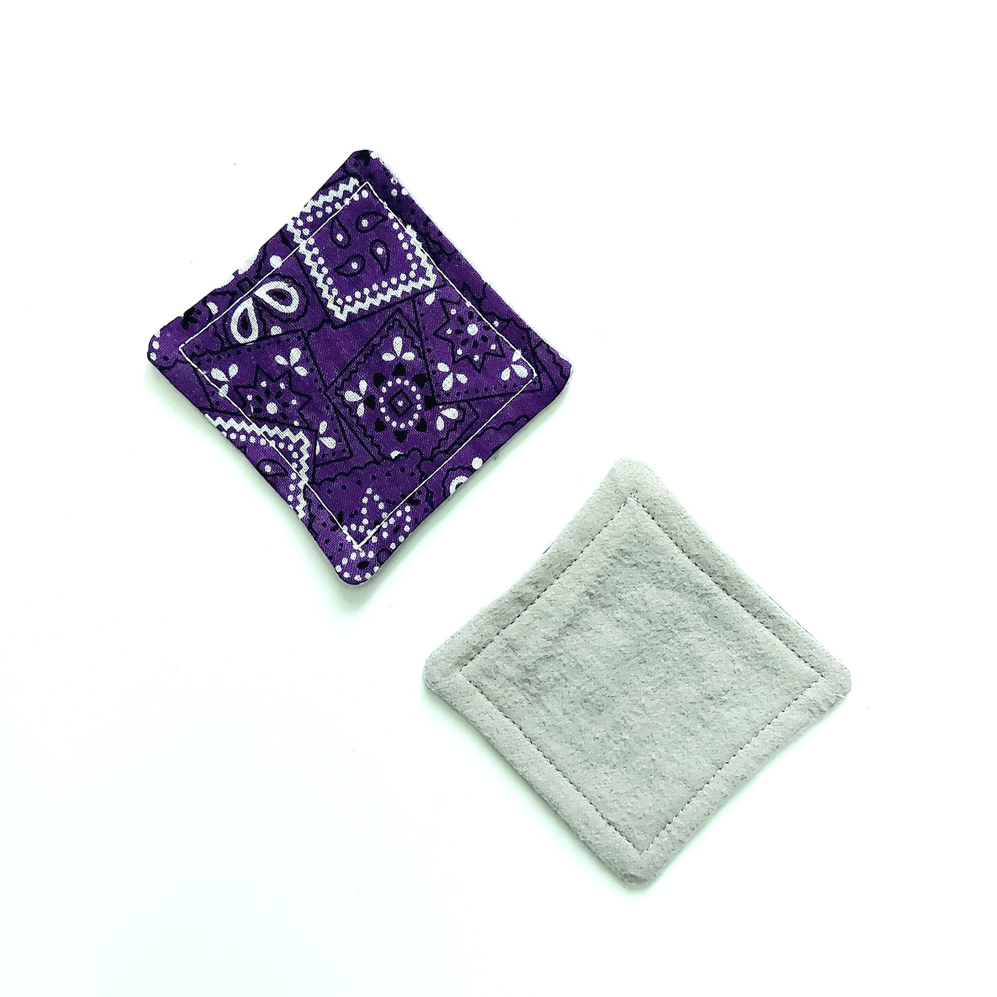 Coasters, purple paisley pattern fabric and gray felt, square shape, white stitching