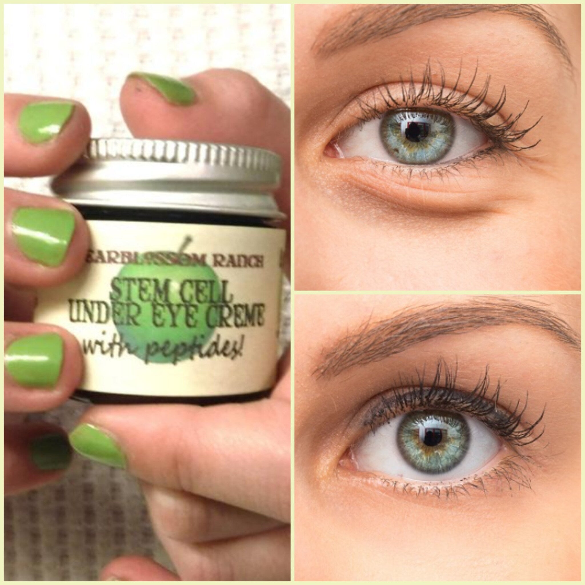 Under eye creme jar with silver lid, green nails, and visible text, next to eyes