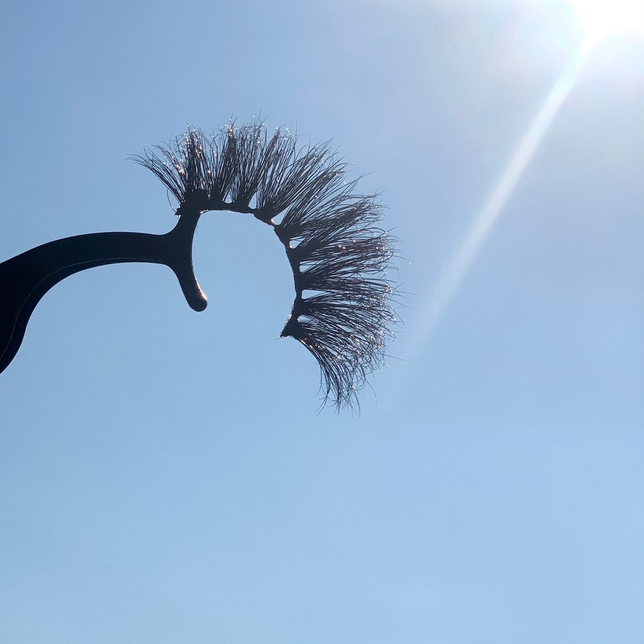 False eyelashes with black wispy fibers and curved shape against blue sky